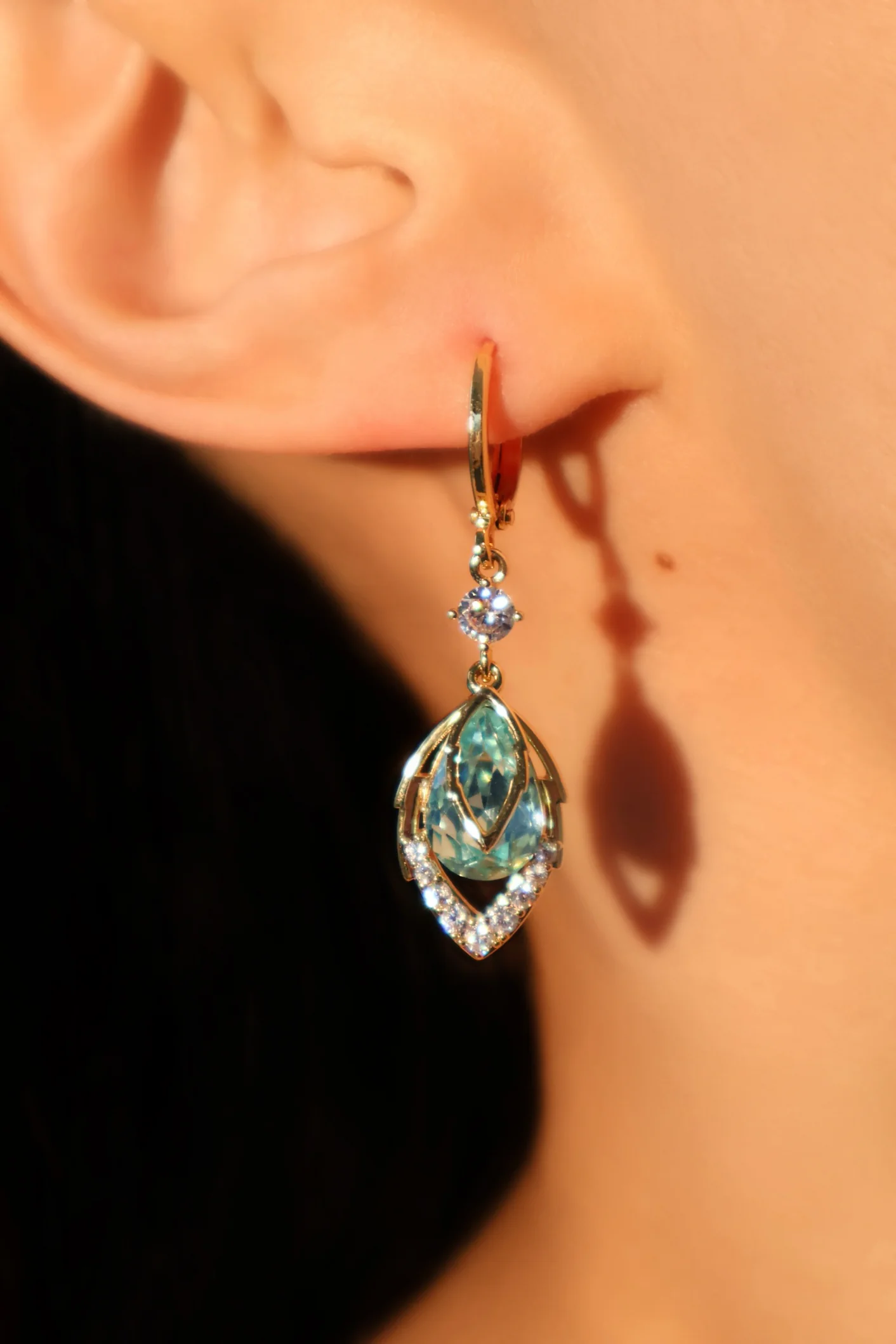 14K Real Gold Plated Blue Gem Droplet Earrings - Image 3