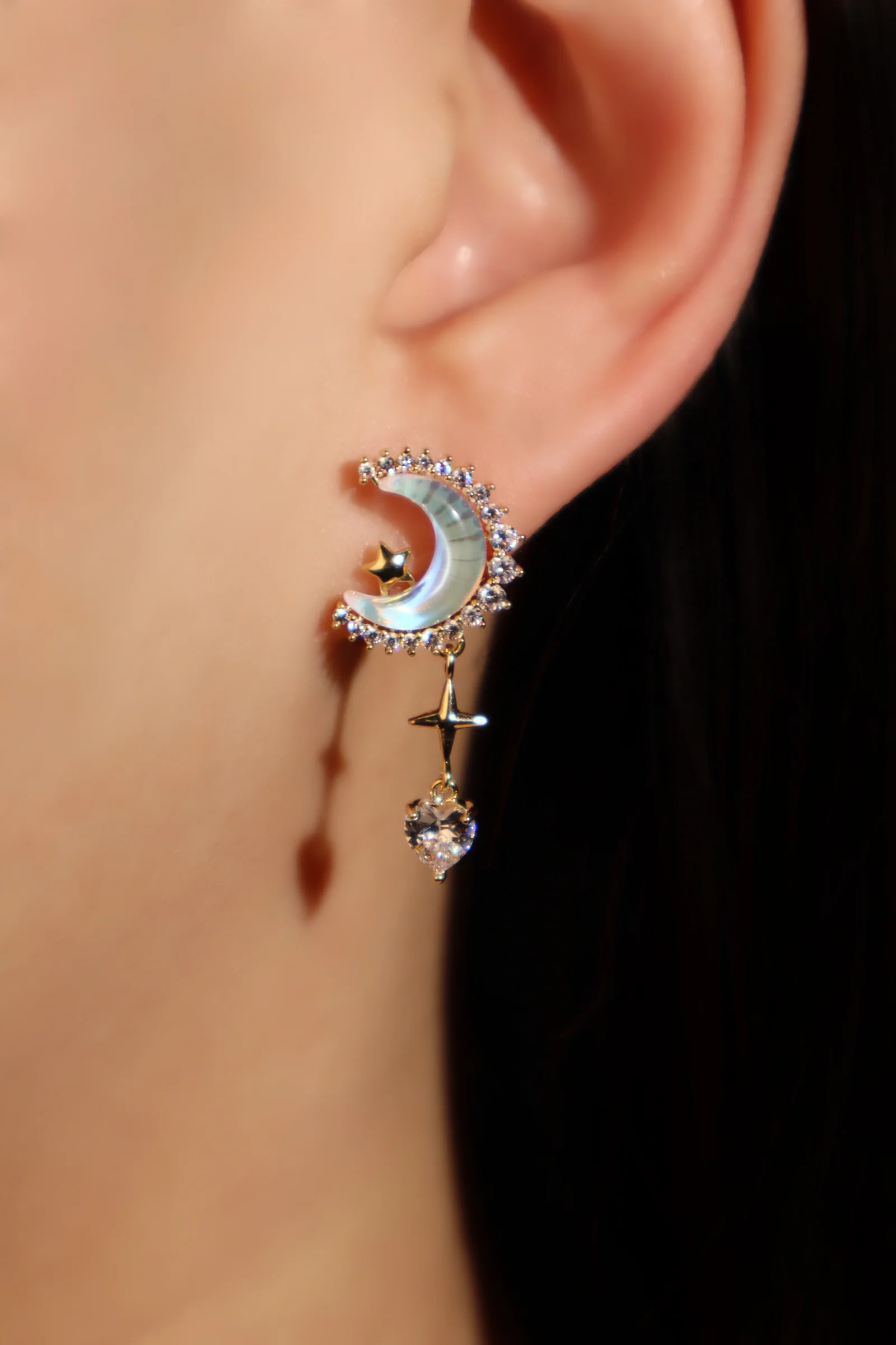 14K Real Gold Plated Moonstones Moon Heart Earrings - Image 3