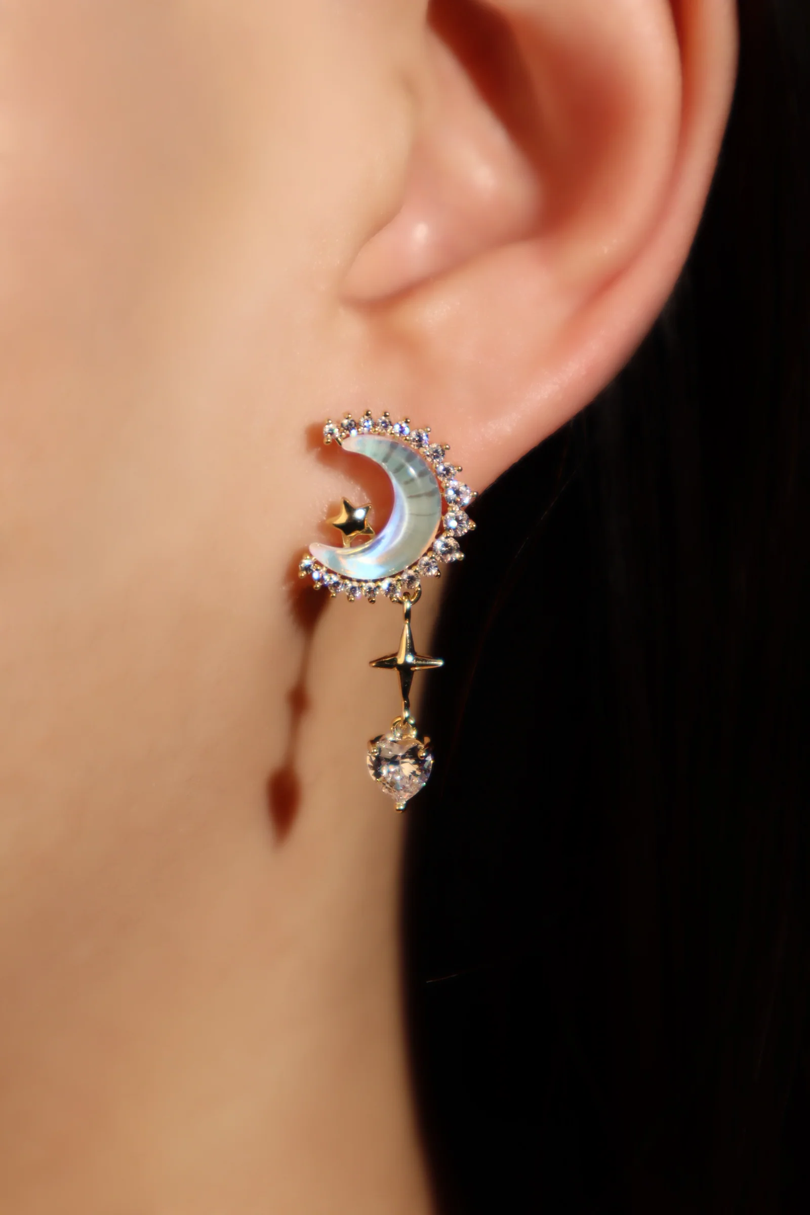 14K Real Gold Plated Moonstones Moon Heart Earrings - Image 7