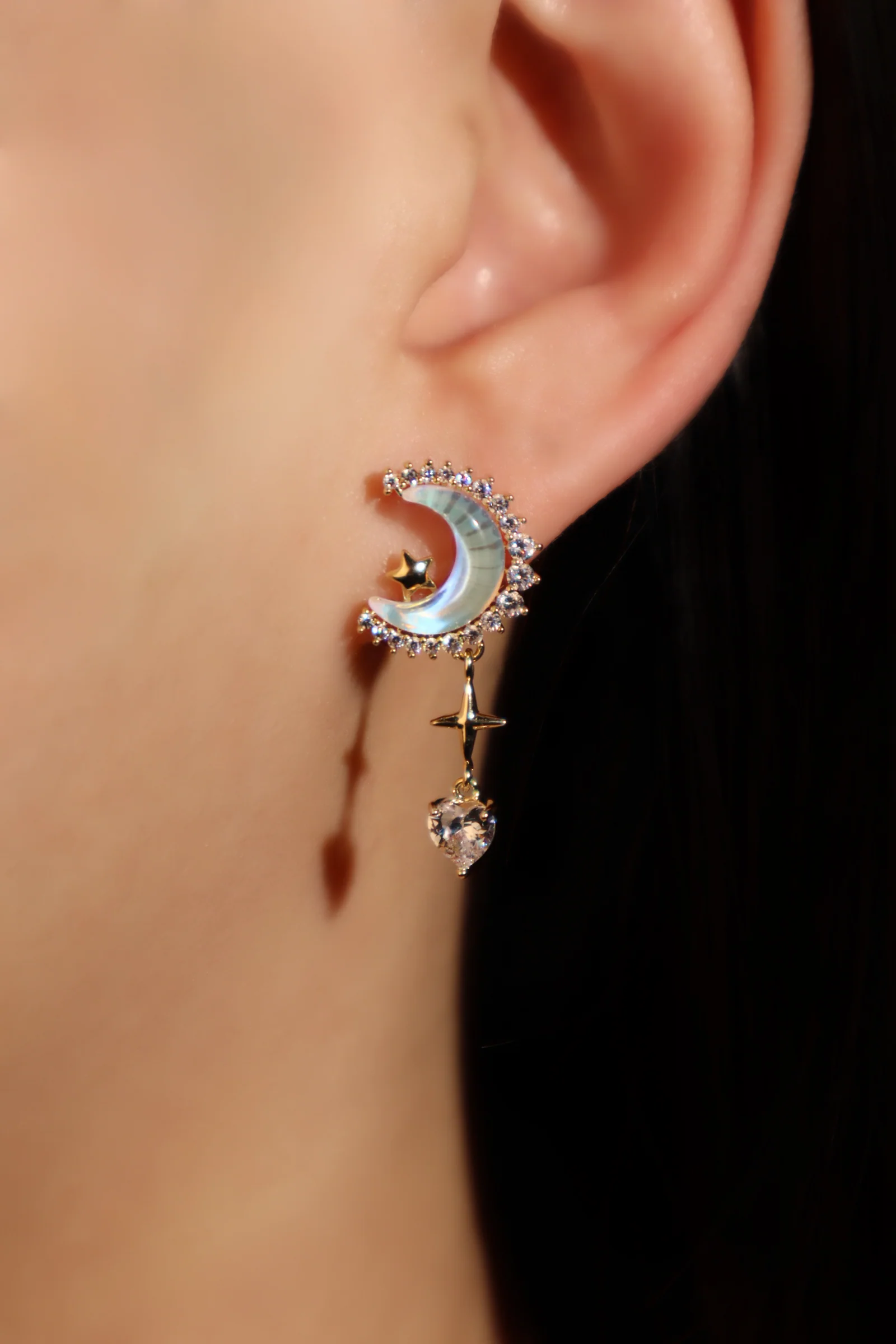 14K Real Gold Plated Moonstones Moon Heart Earrings - Image 8
