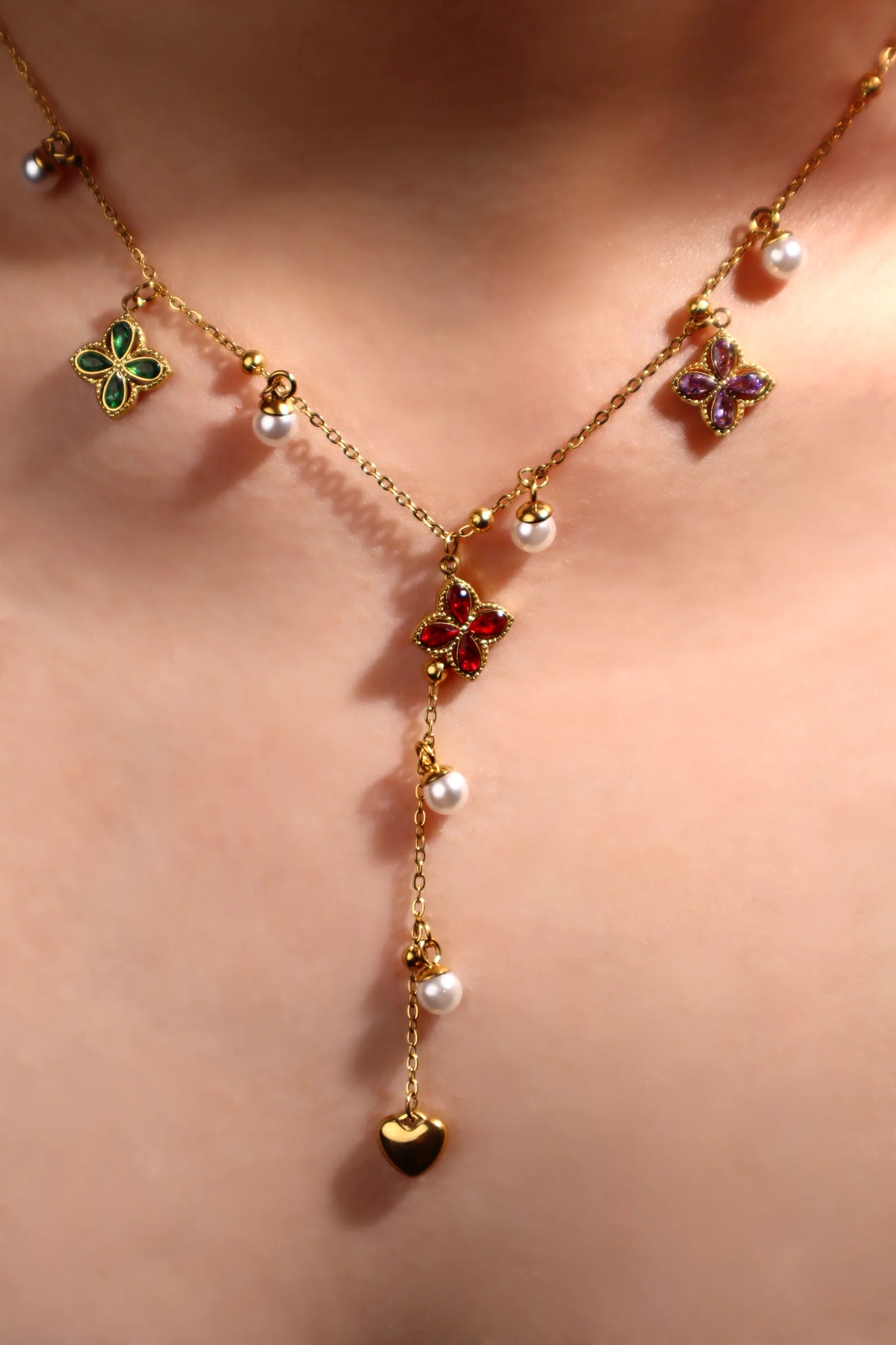 18K Gold Stainless Steel Color Petal Lariat Necklace - Image 3