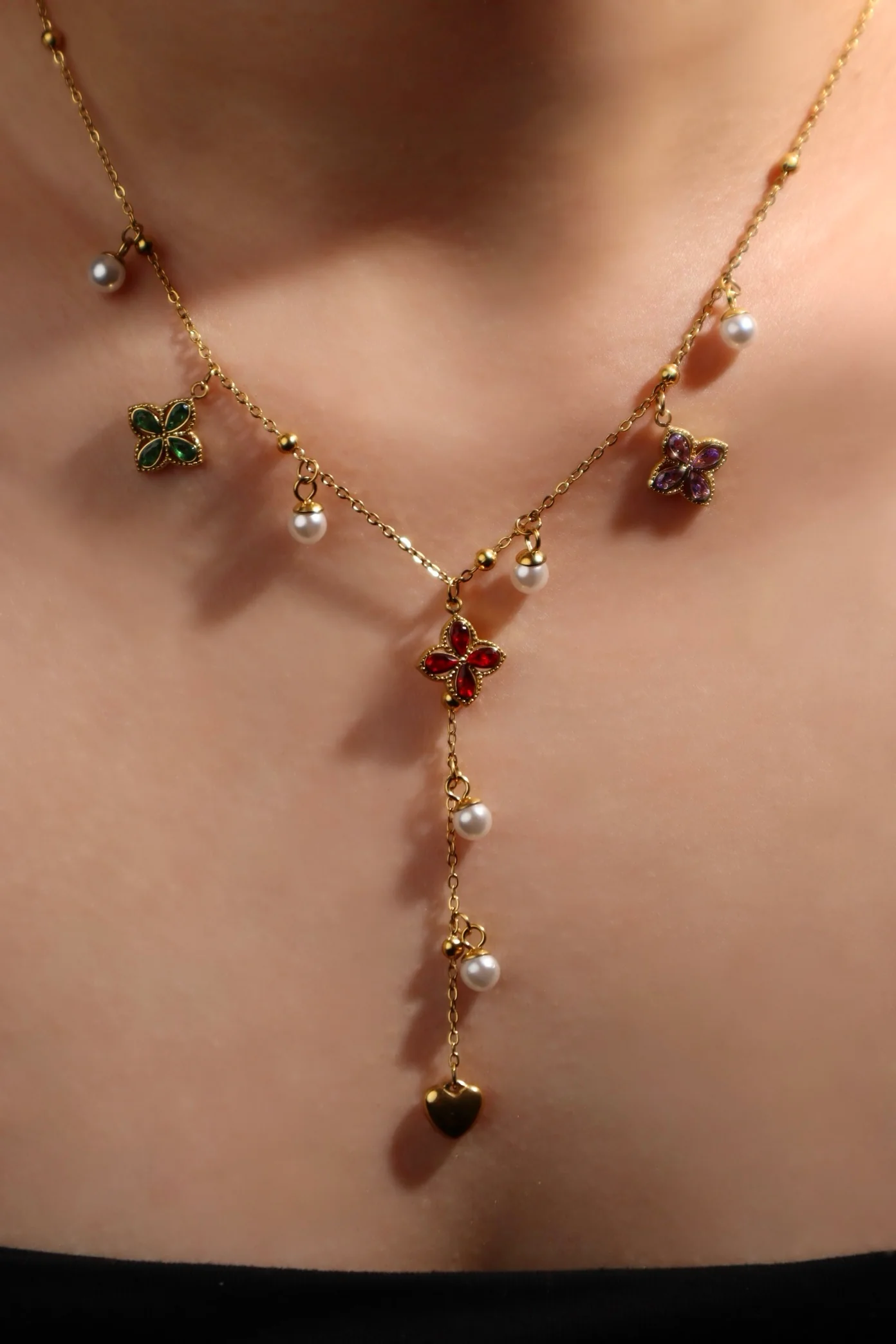 18K Gold Stainless Steel Color Petal Lariat Necklace - Image 4