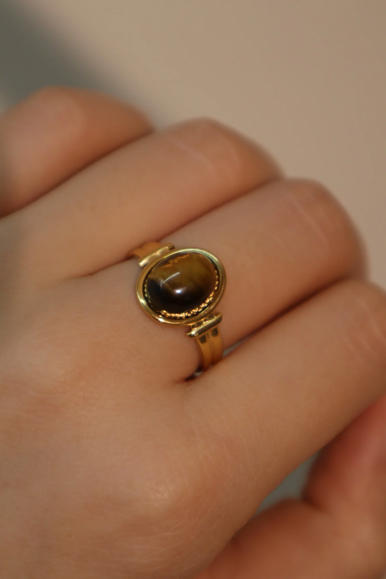 18K Real Gold Stainless Steel Tigerite Brown Gem Ring - Image 4