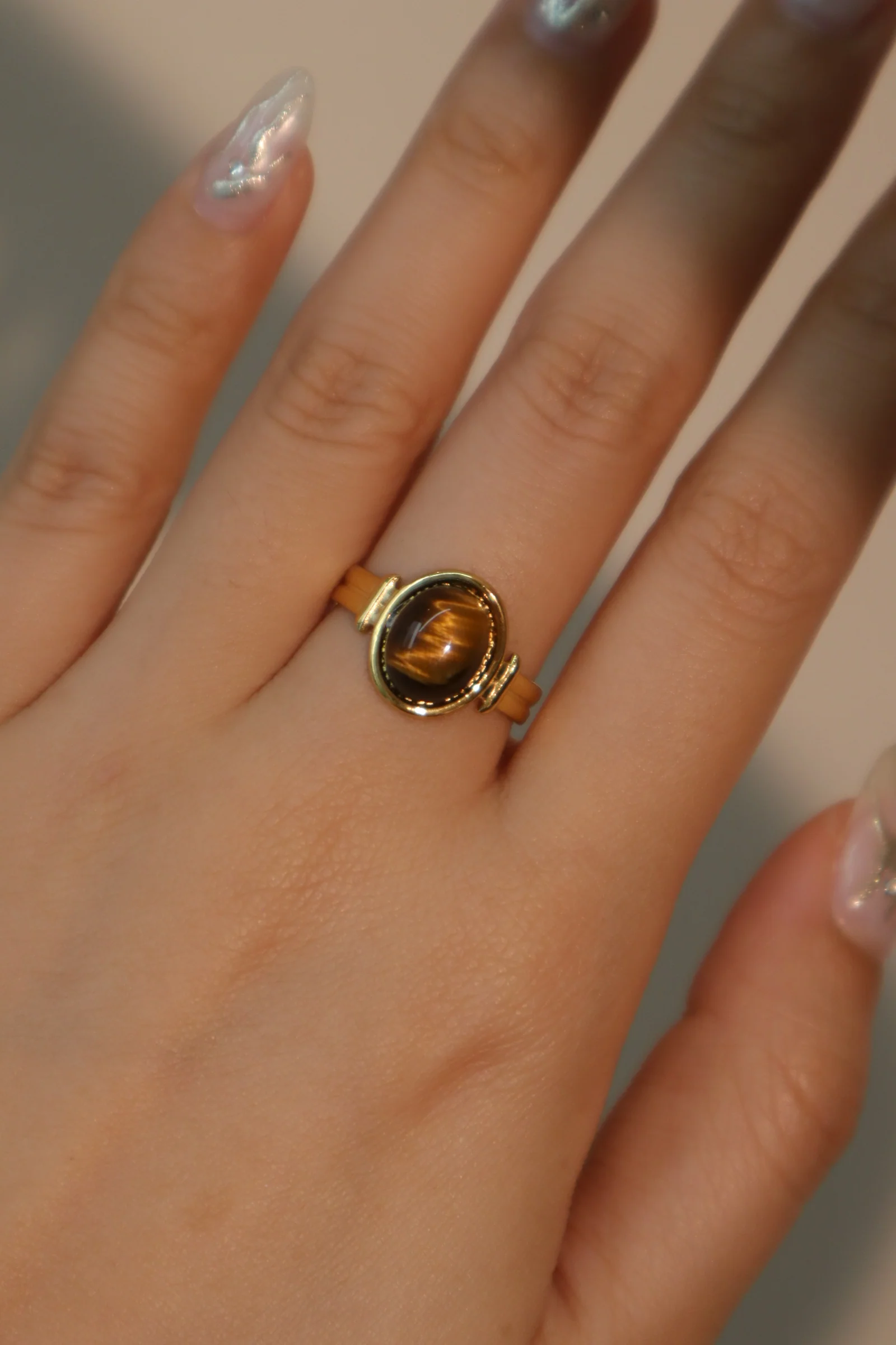 18K Real Gold Stainless Steel Tigerite Brown Gem Ring - Image 5