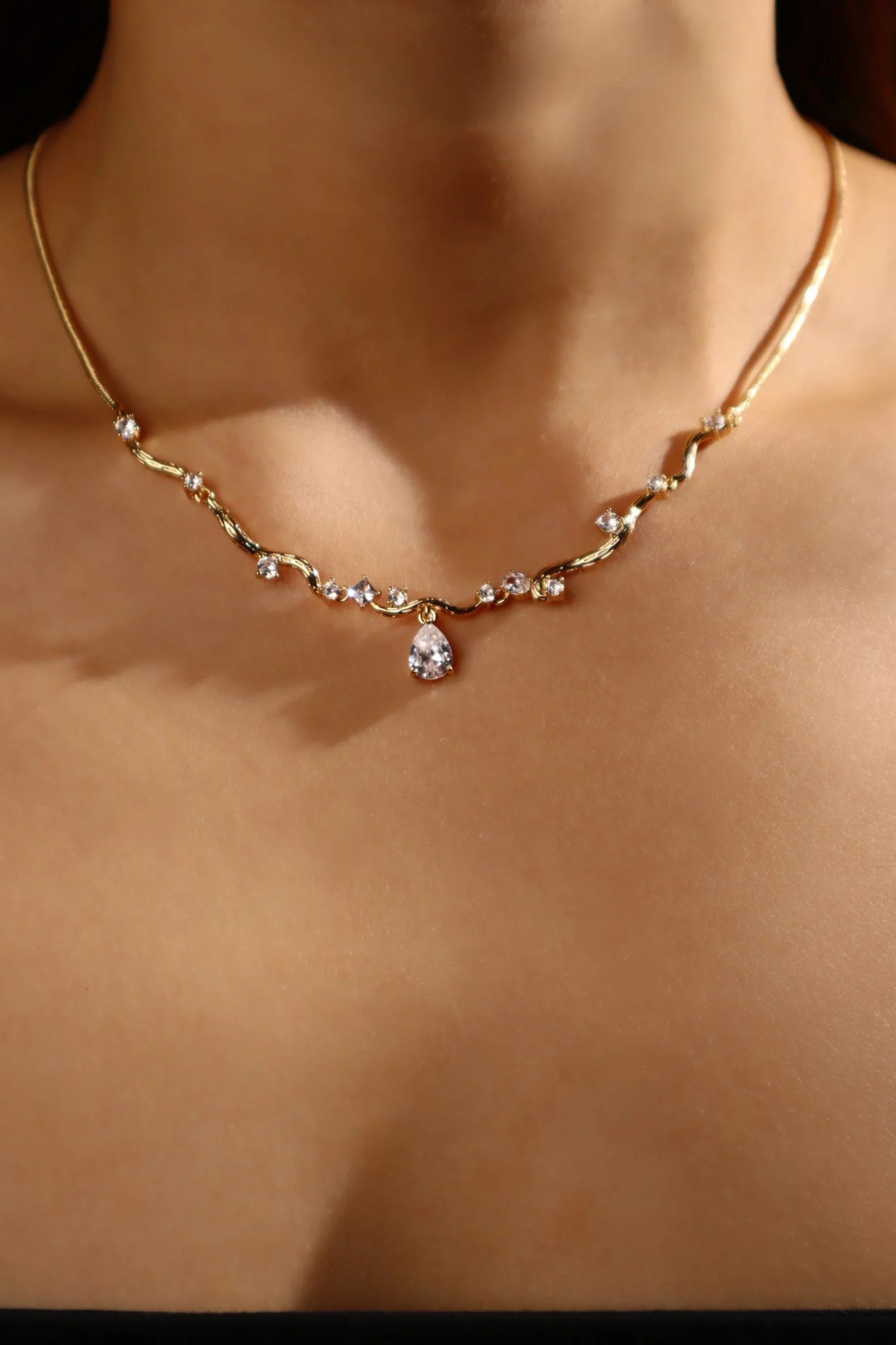 18K Real Gold Plated Diamond Spiral Drop Necklace - Image 7