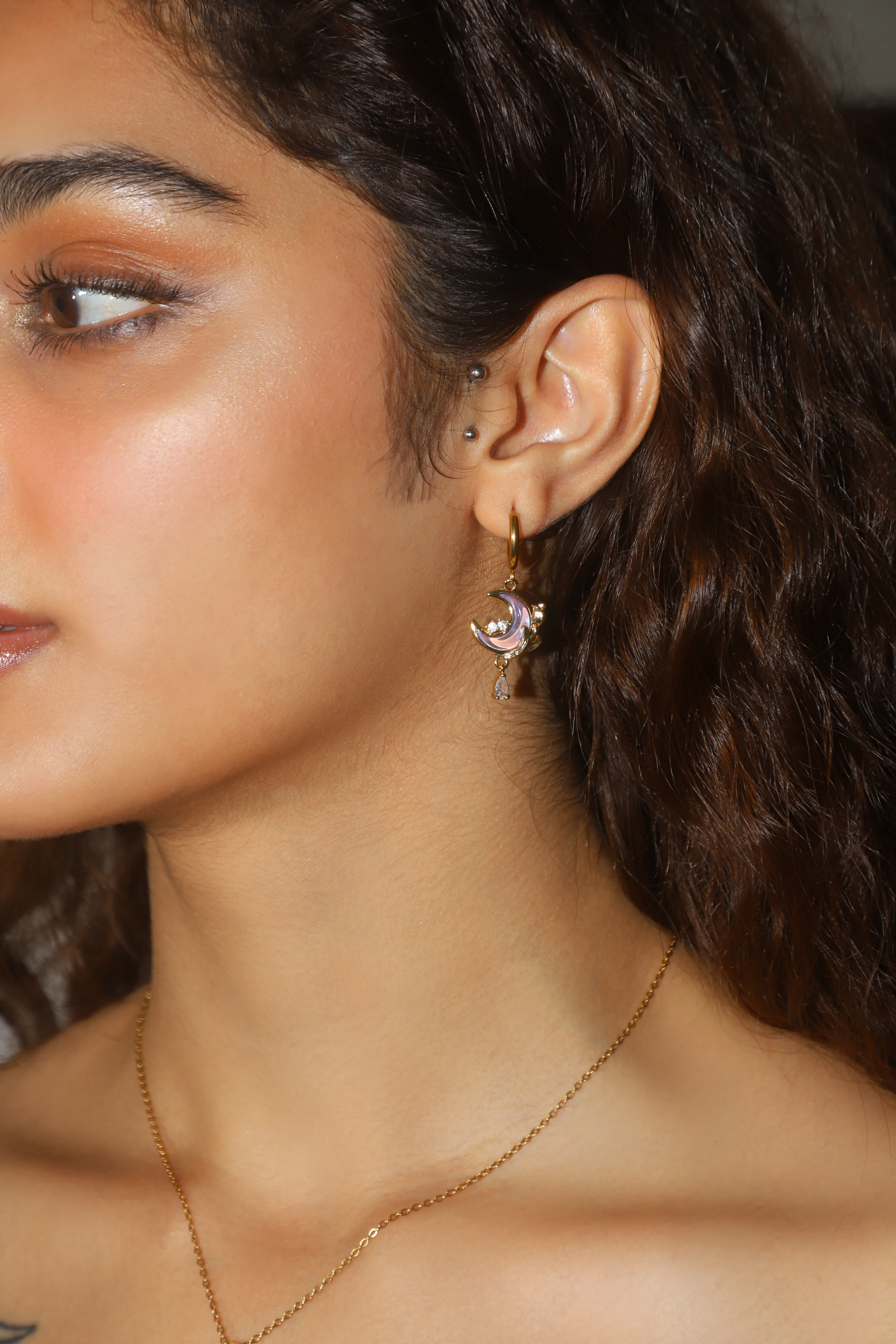 18K Real Gold Plated Moonstone Rose Moon Earrings - Image 5