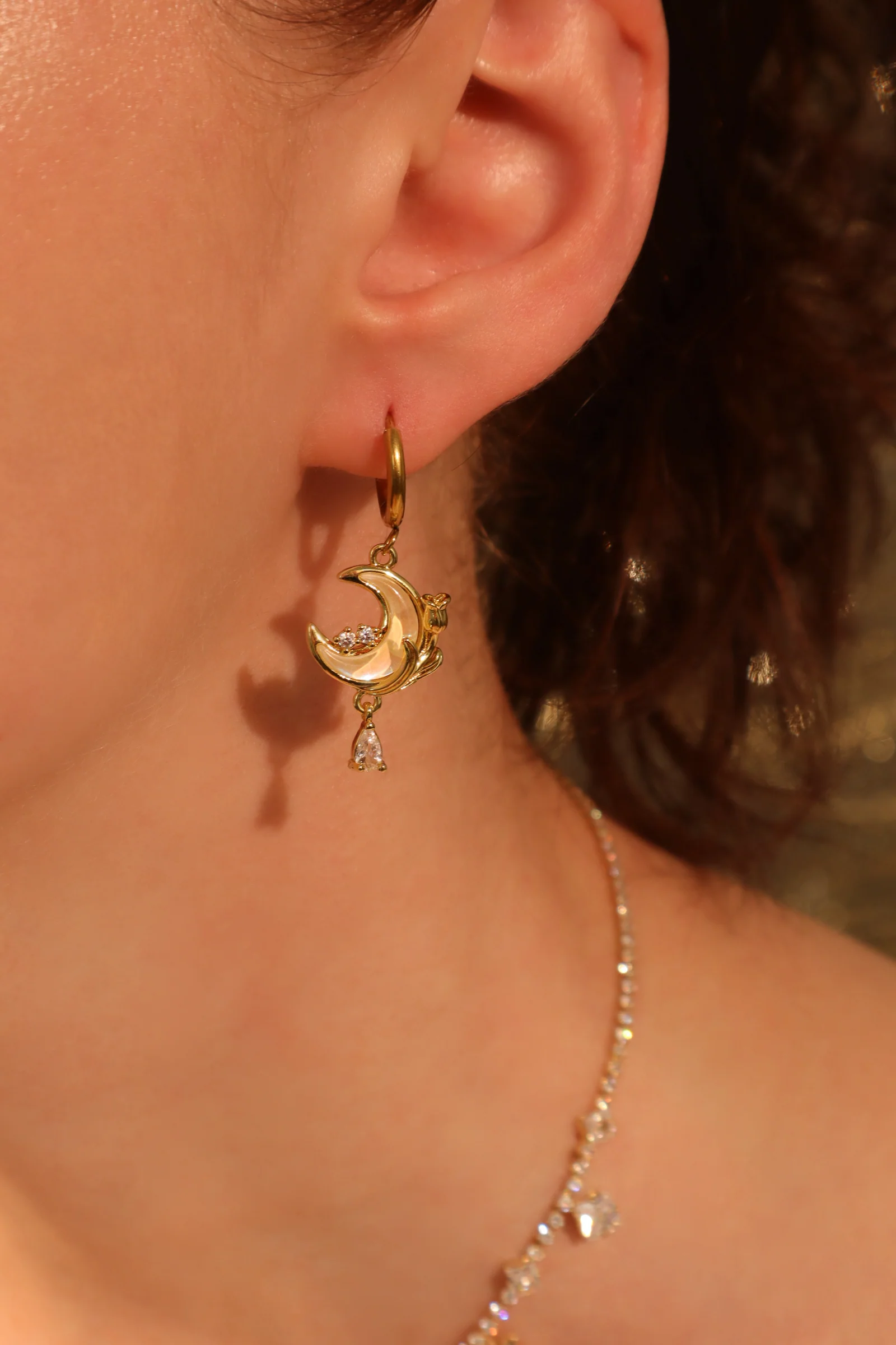 18K Real Gold Plated White Rose Moon Earrings - Image 5