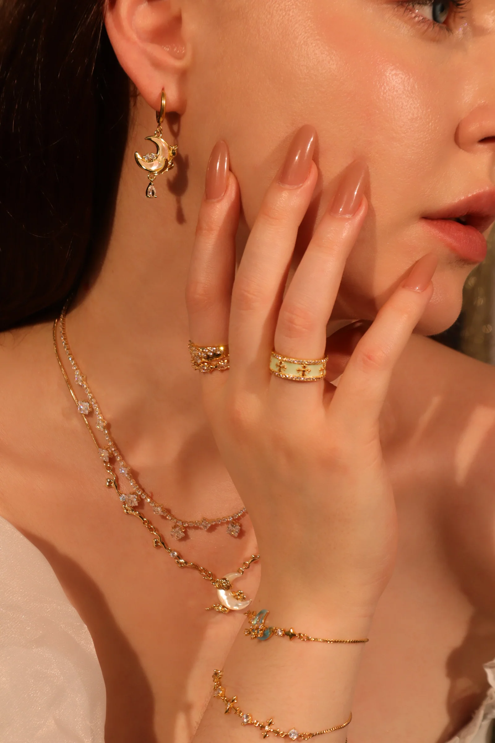 18K Real Gold Plated White Rose Moon Earrings - Image 6