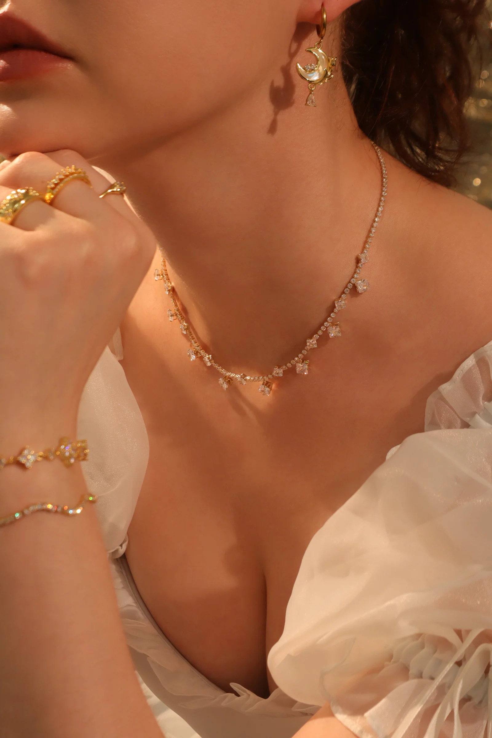 18K Real Gold Plated White Rose Moon Earrings - Image 9