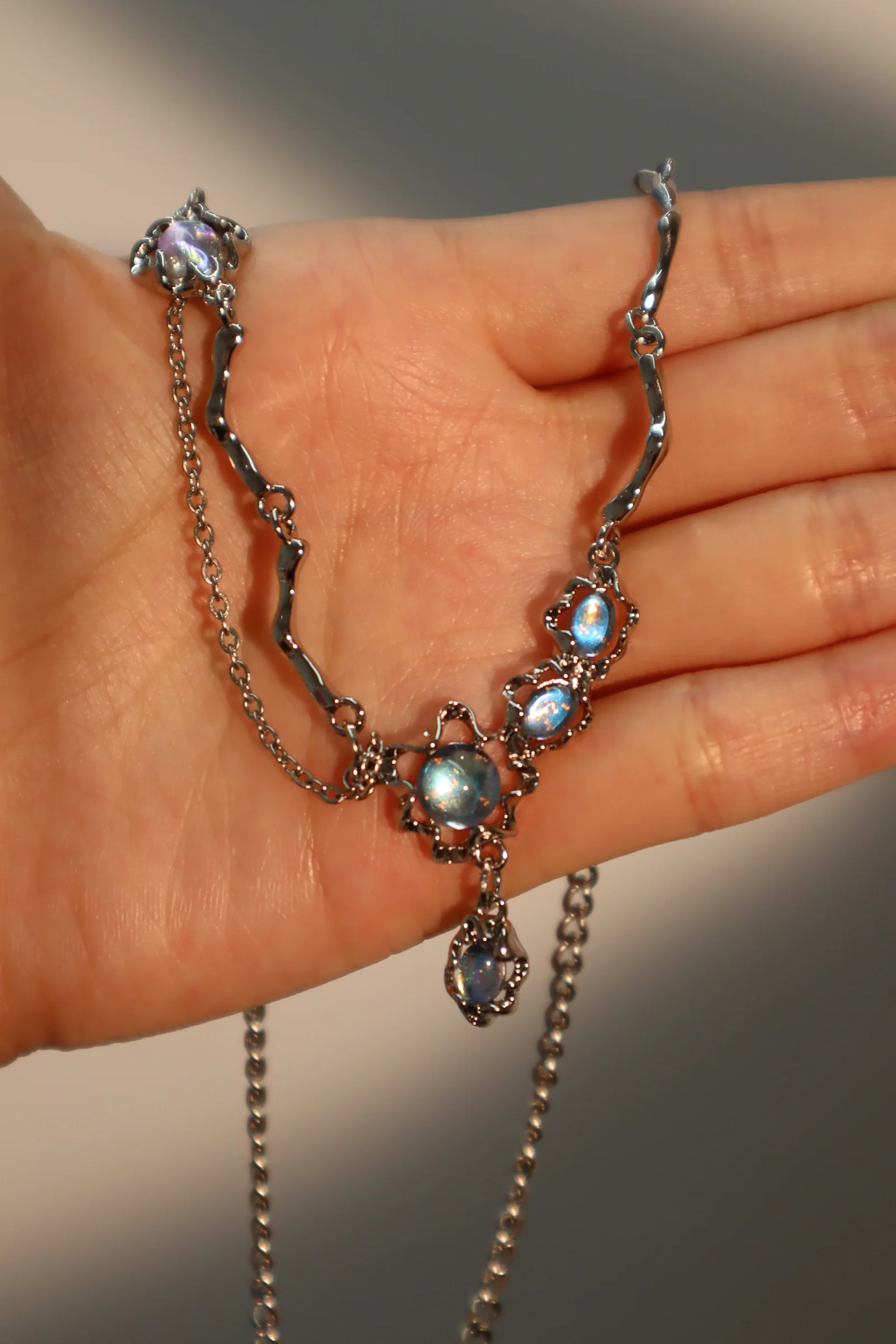 Palladium White Gold Plated Moonstone Dangle Necklace - Image 4