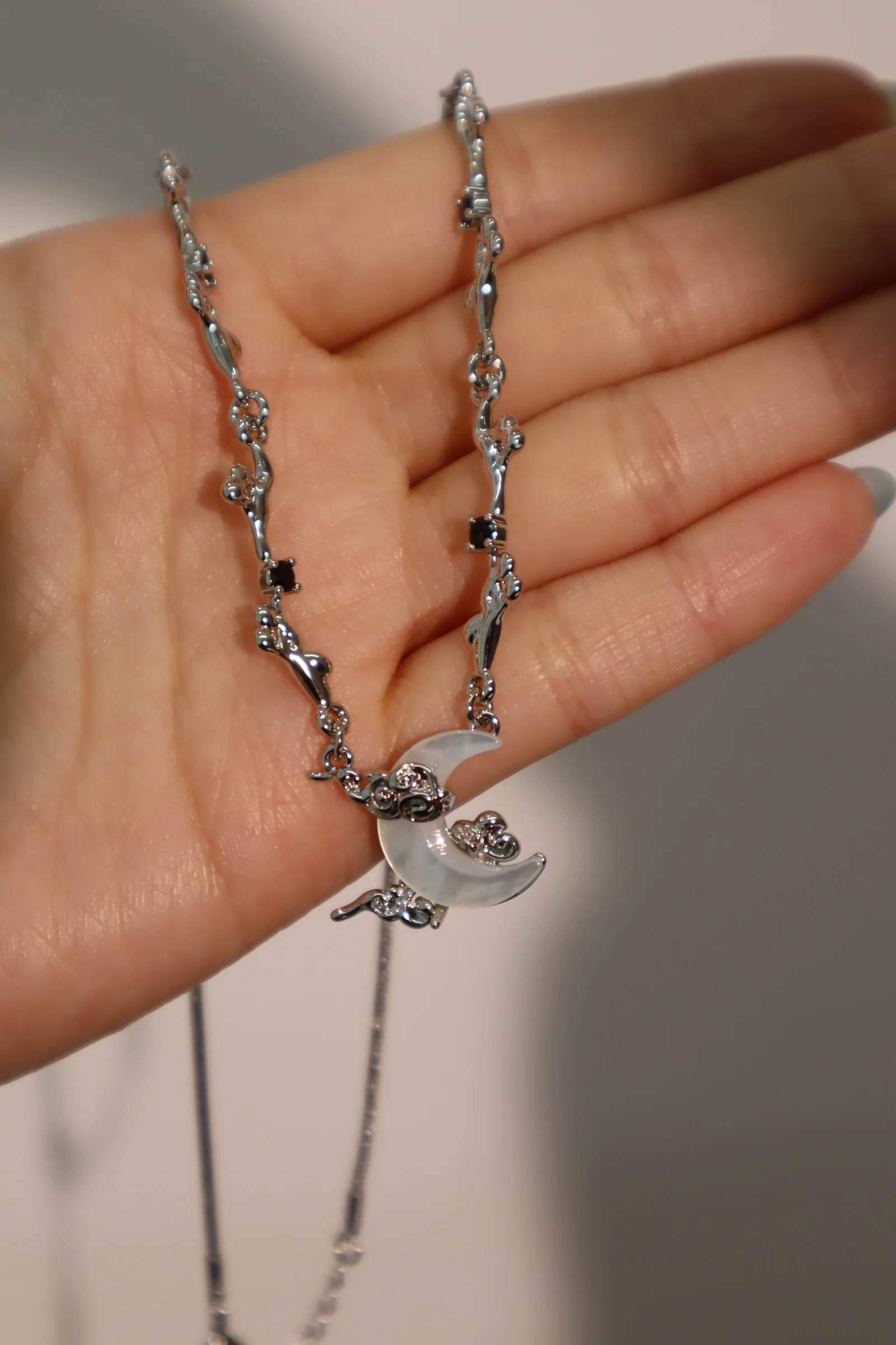 Palladium White Gold Plated Black Gem Natural Shell Moon Necklace - Image 4