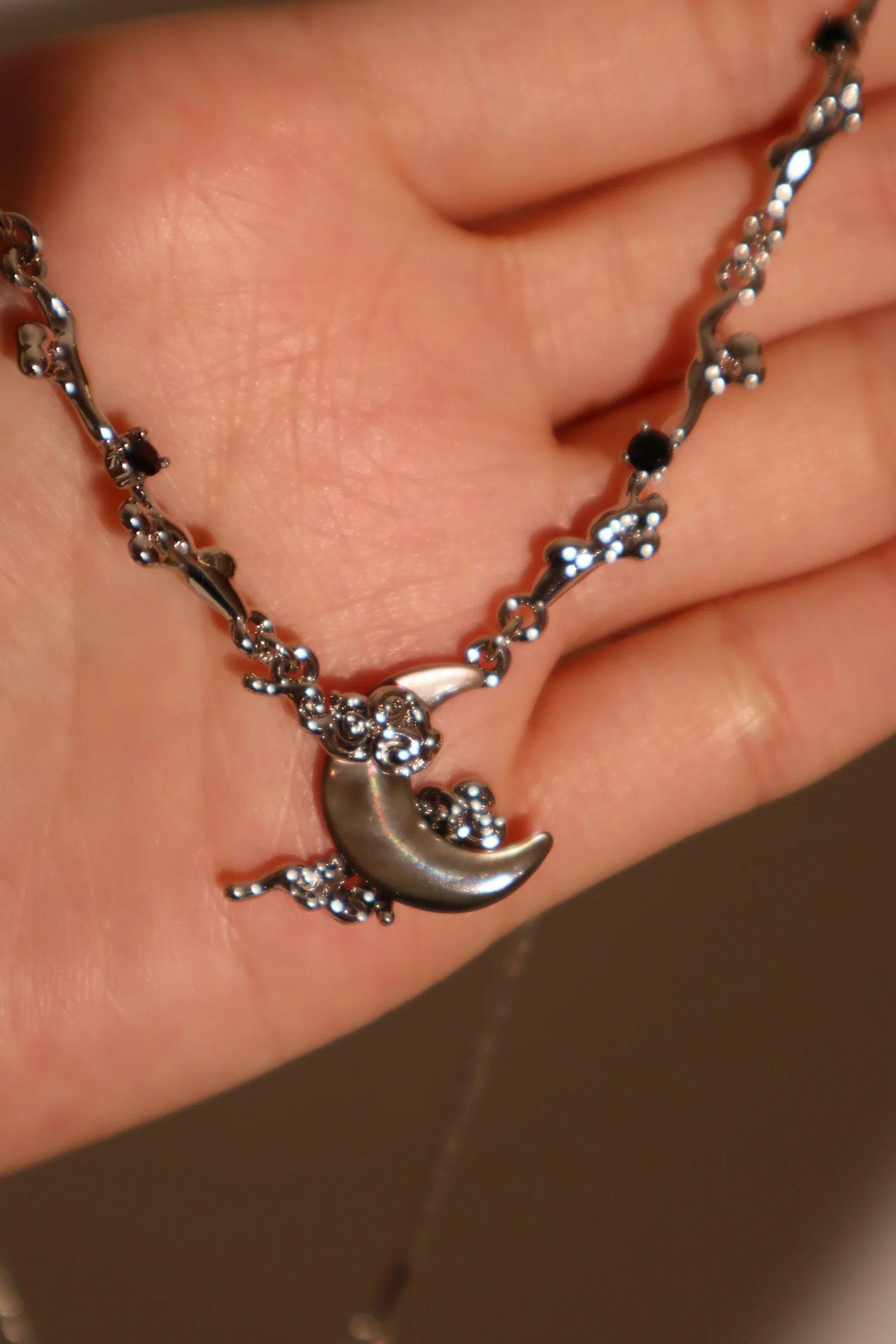 Palladium White Gold Plated Black Shell Moon Necklace - Image 4