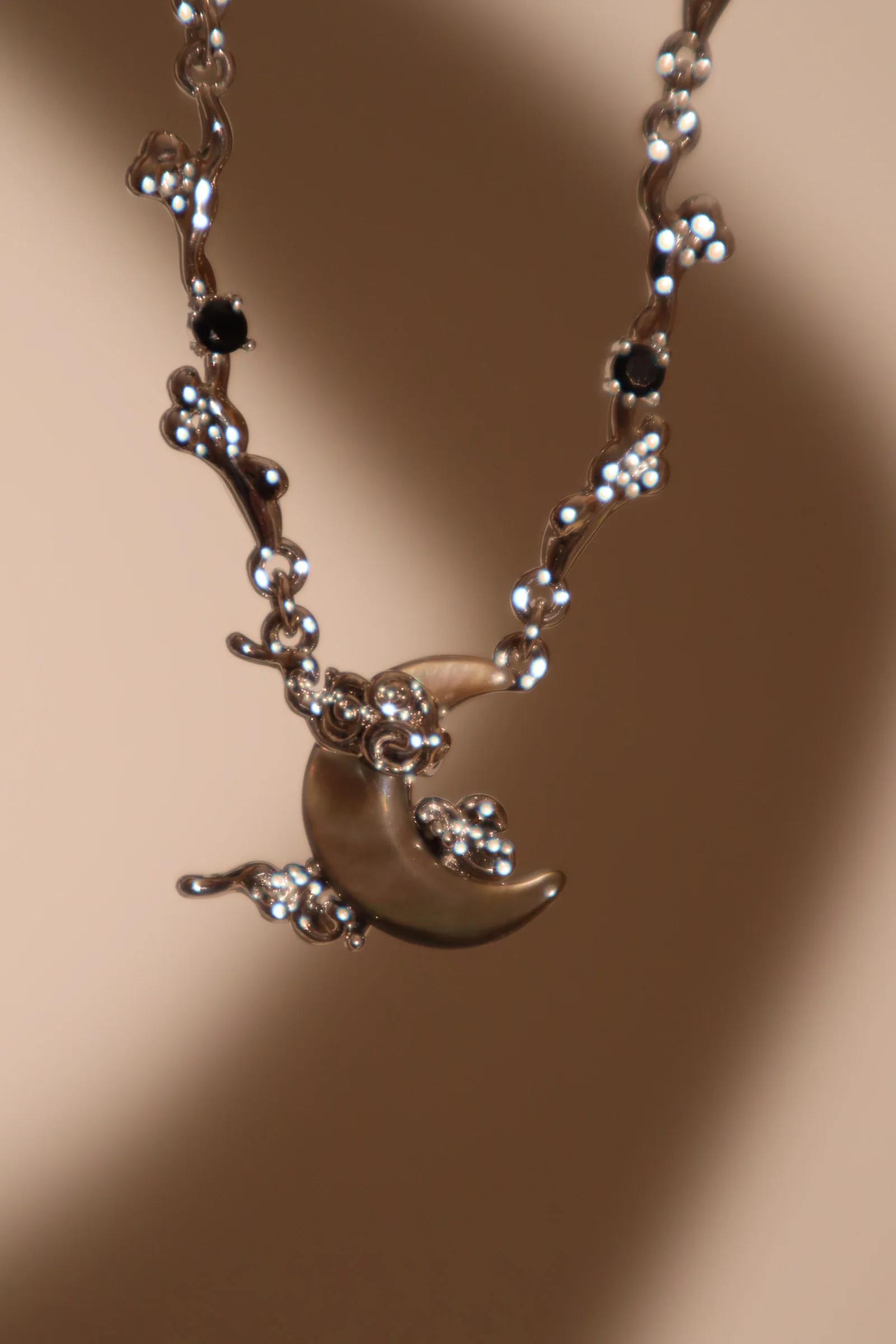 Palladium White Gold Plated Black Shell Moon Necklace - Image 5