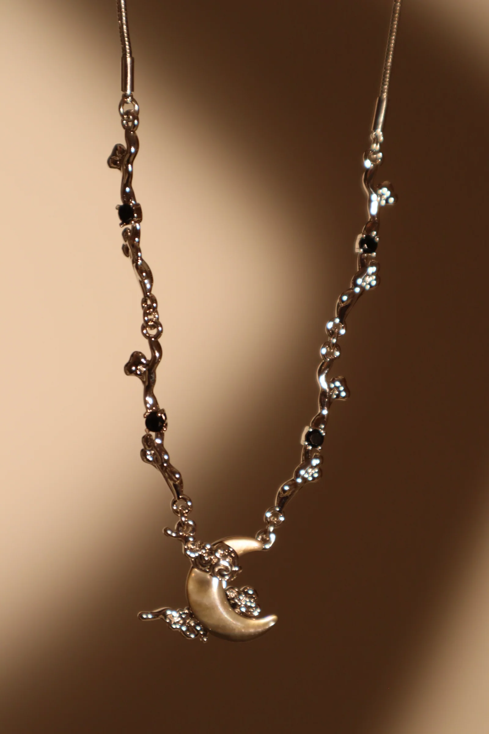 Palladium White Gold Plated Black Shell Moon Necklace - Image 6