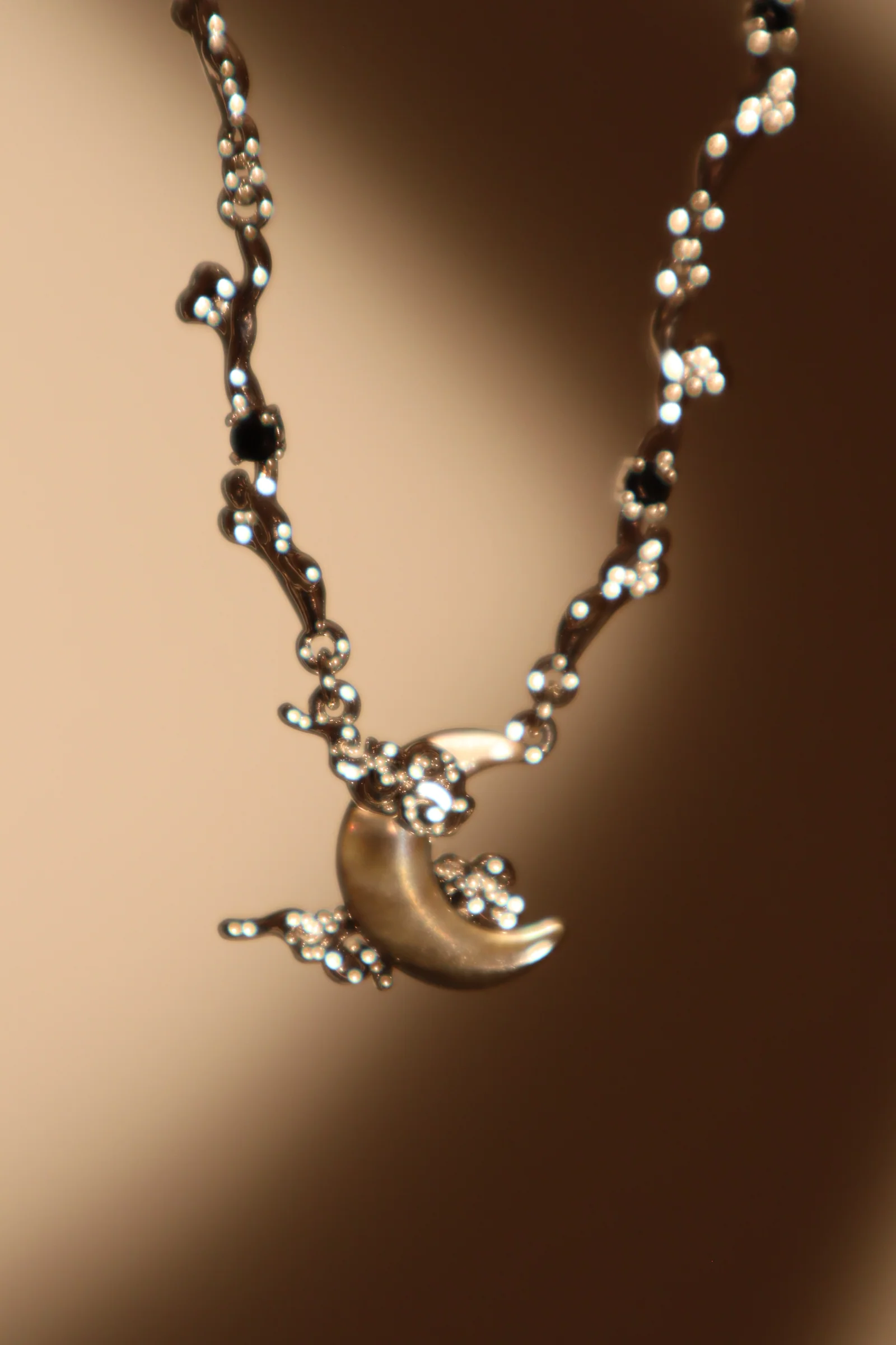 Palladium White Gold Plated Black Shell Moon Necklace - Image 7