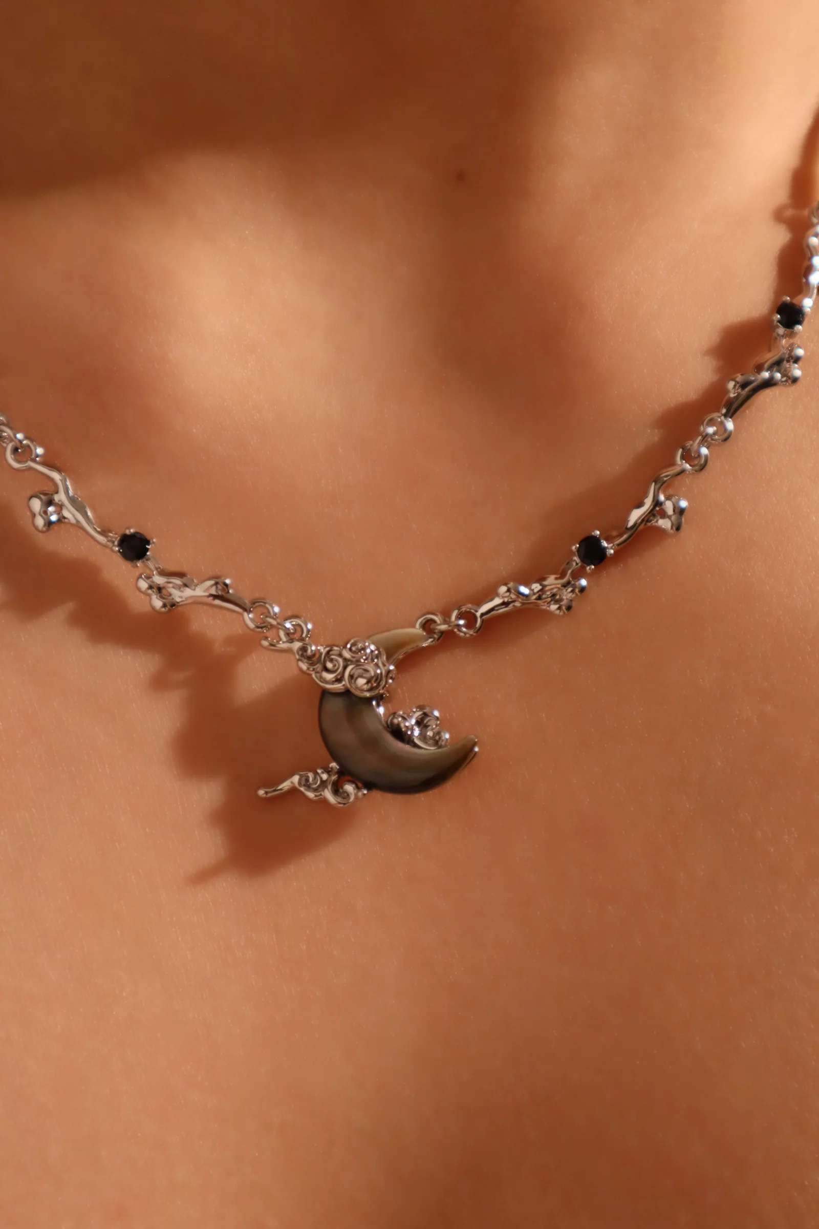 Palladium White Gold Plated Black Shell Moon Necklace - Image 8