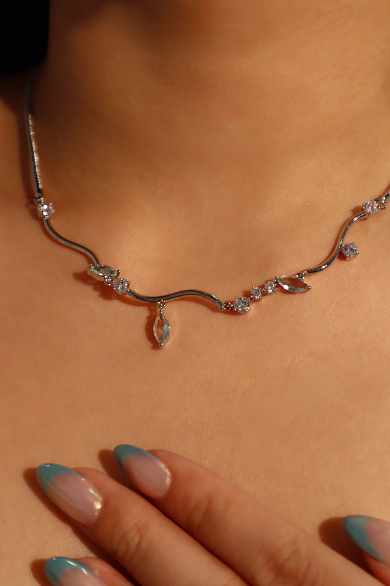 Palladium White Gold Plated Blue Gem Diamonds Necklace - Image 4