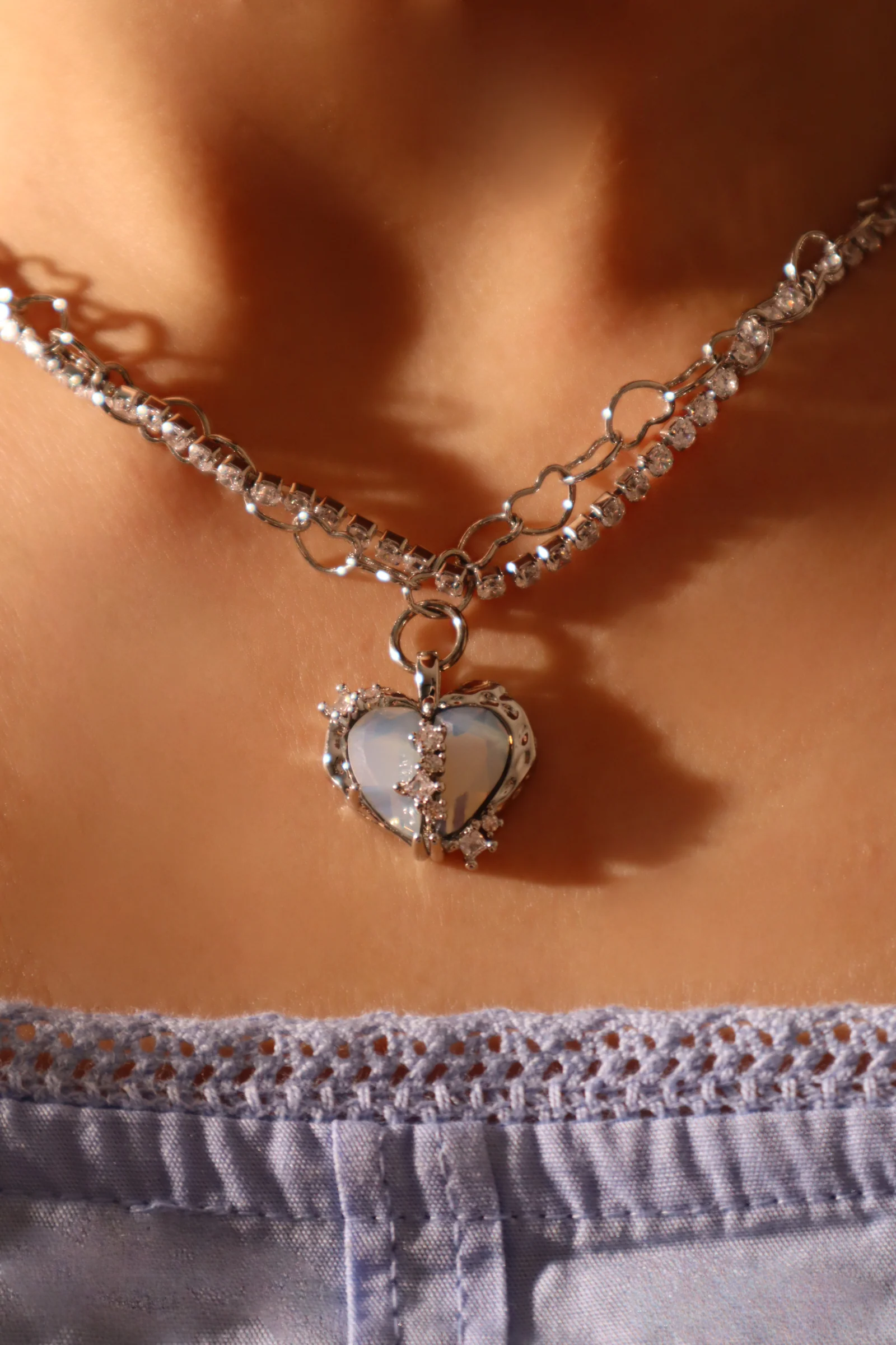 Palladium White Gold Plated Blue Opal Heart Necklace - Image 3