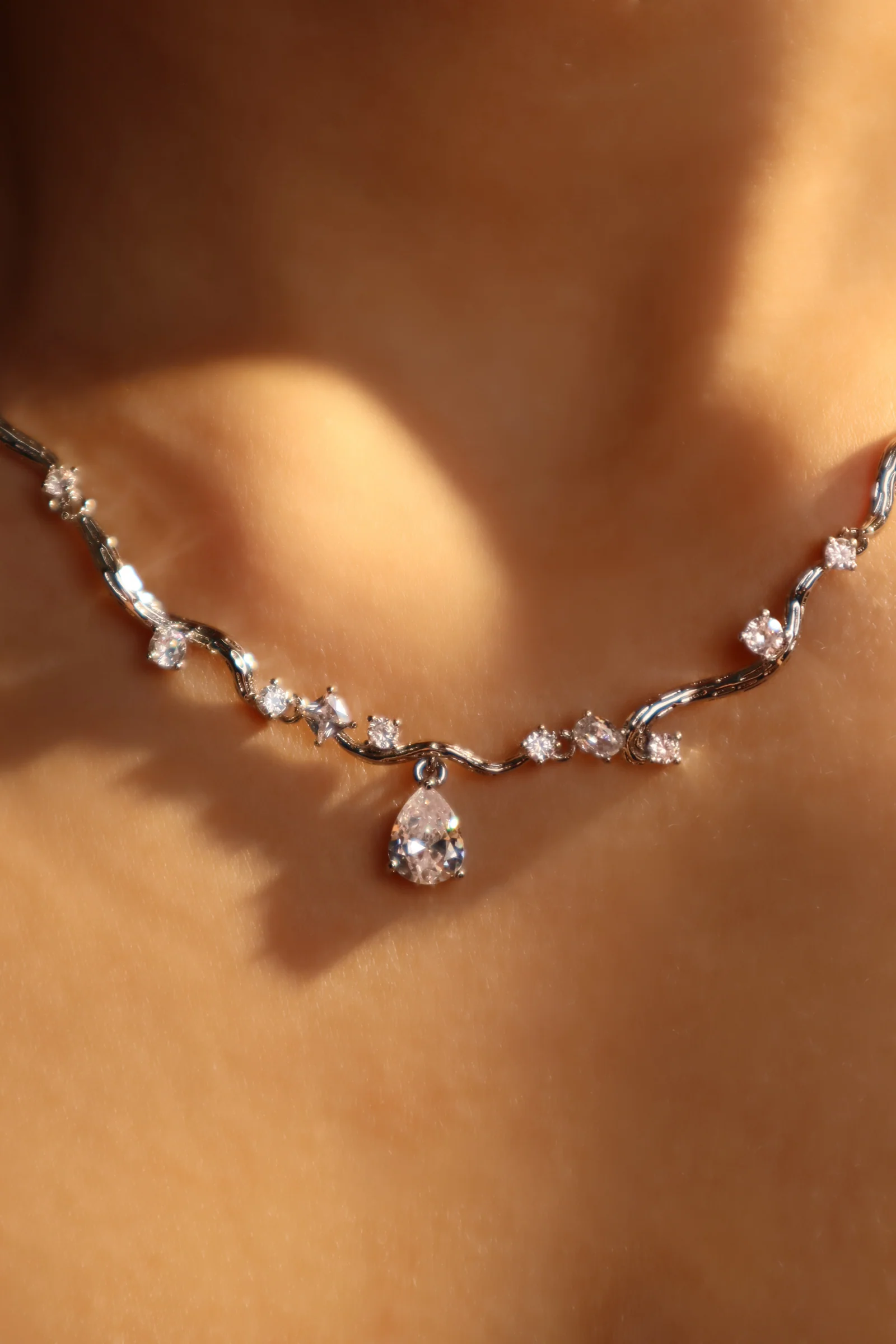 Palladium White Gold Plated Spiral Drop Necklace - Image 11