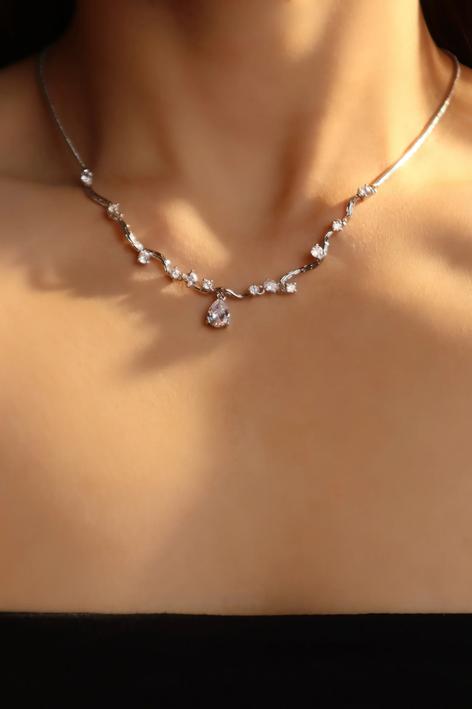 Palladium White Gold Plated Spiral Drop Necklace - Image 3
