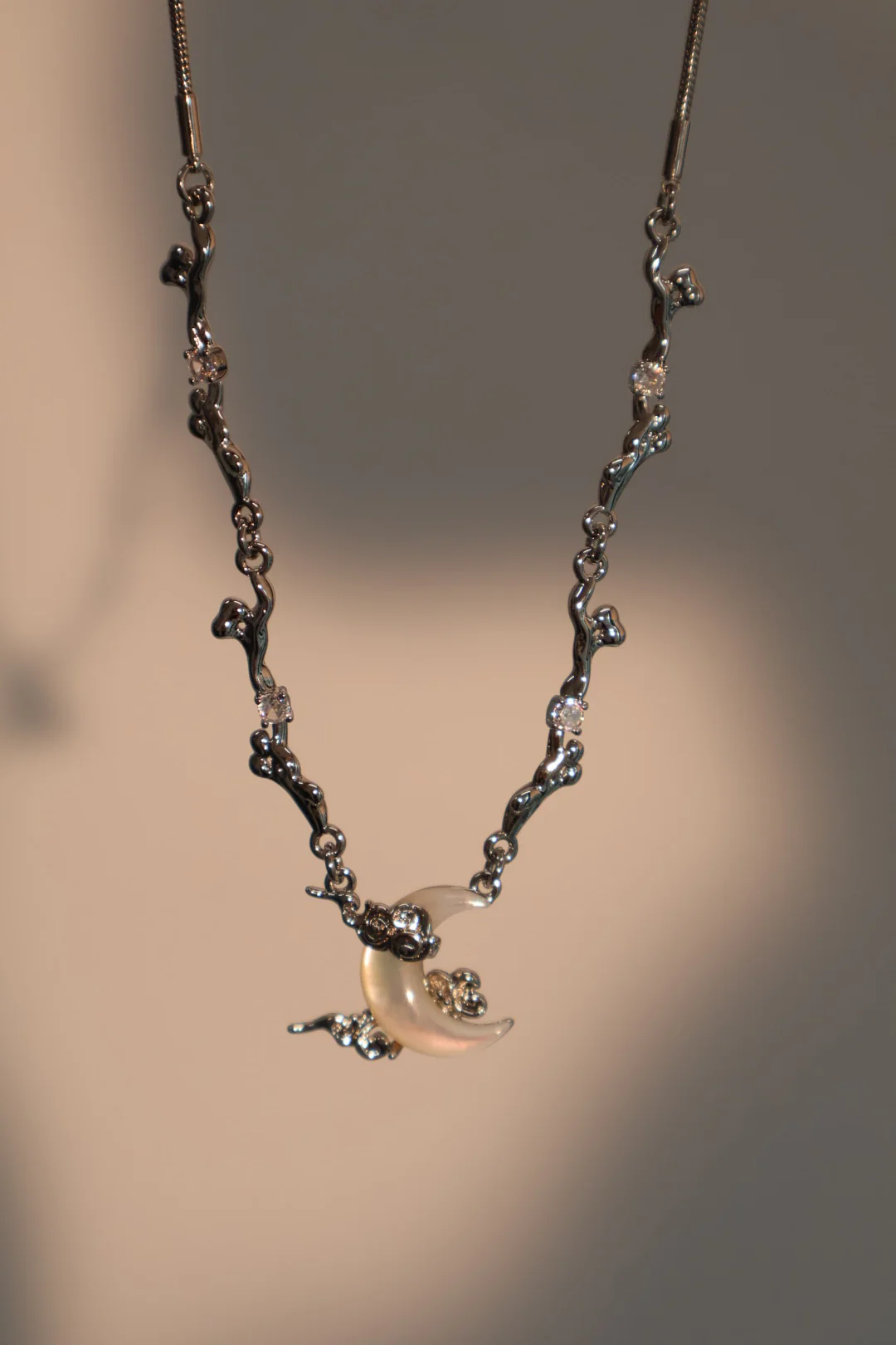 Palladium White Gold Plated Diamonds Natural Shell Moon Necklace - Image 3