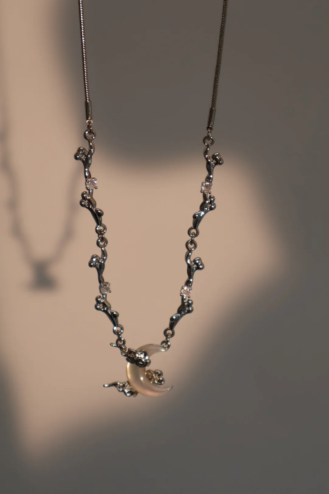 Palladium White Gold Plated Diamonds Natural Shell Moon Necklace - Image 6