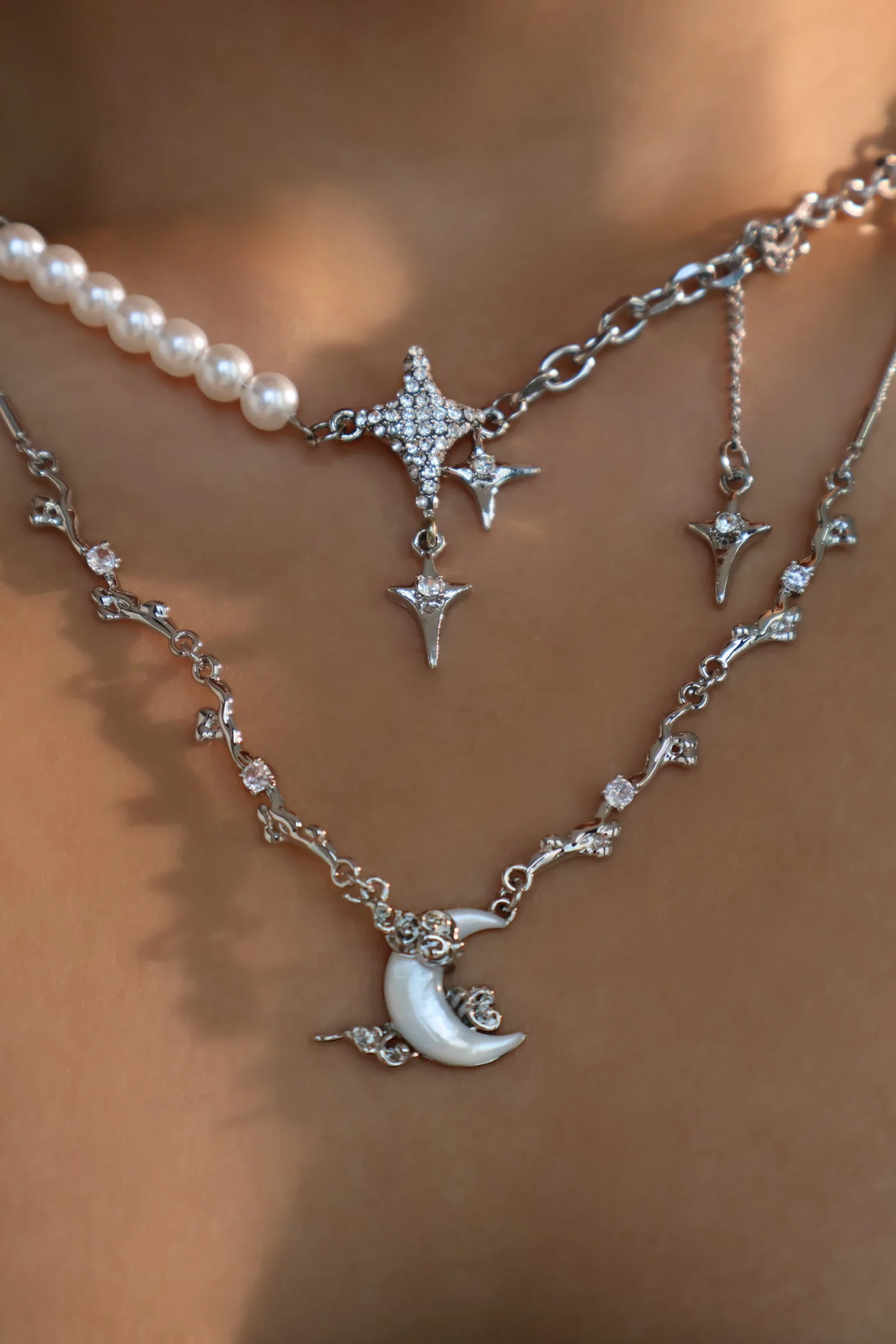 Palladium White Gold Plated Diamonds Natural Shell Moon Necklace - Image 7
