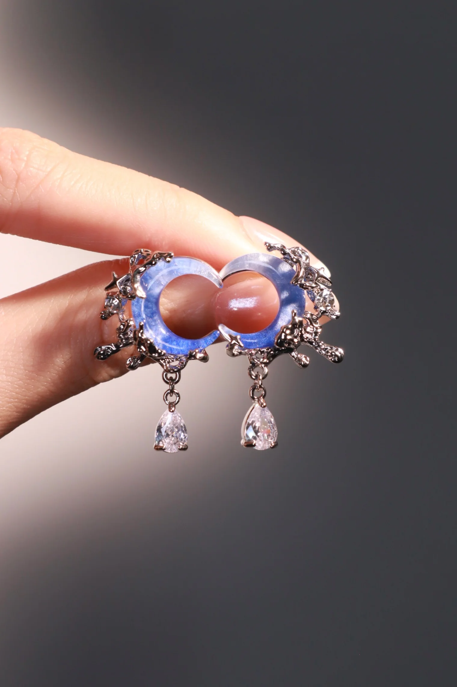 Palladium White Gold Plated Gradient Blue Moon Earrings - Image 3