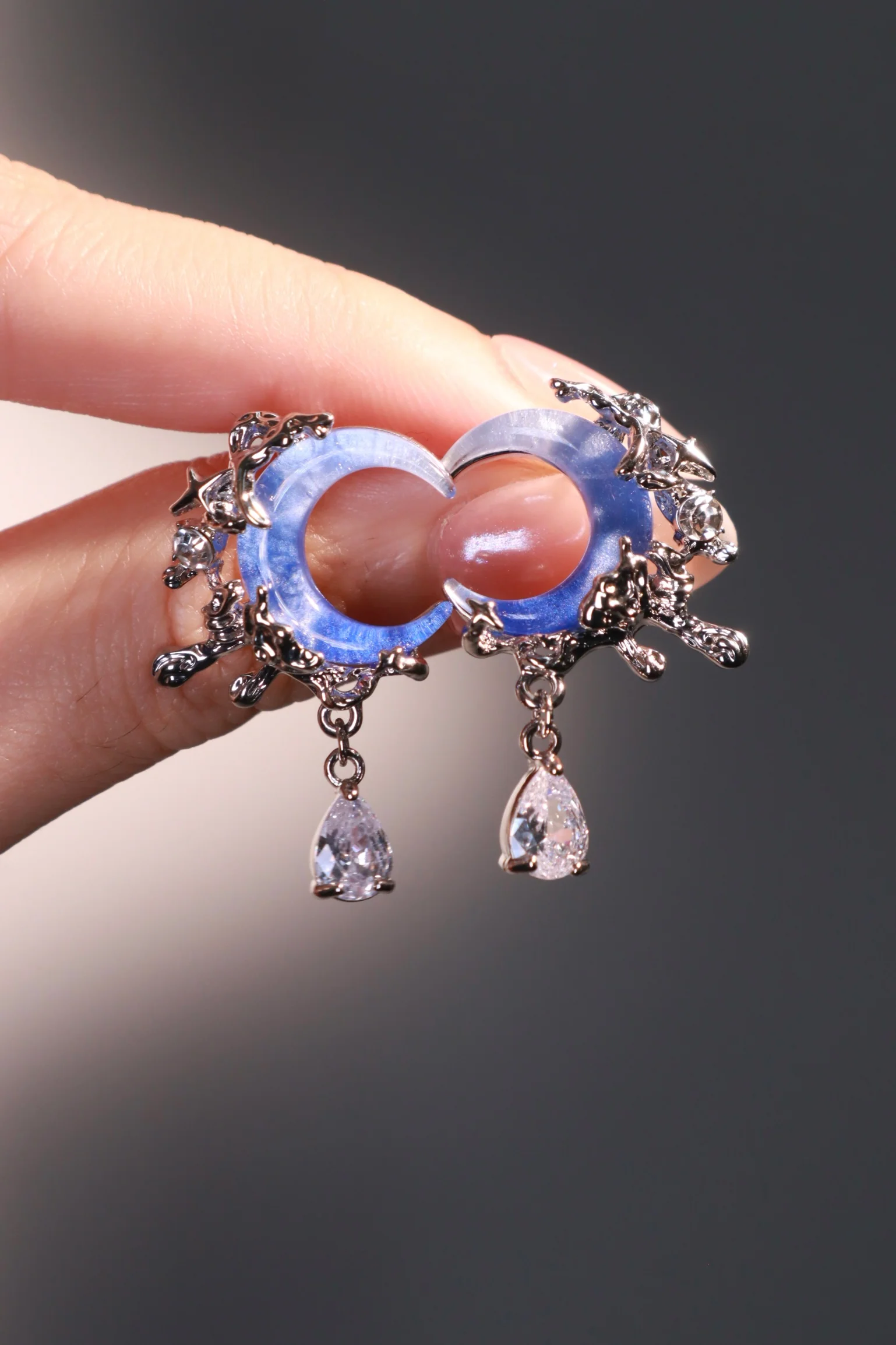 Palladium White Gold Plated Gradient Blue Moon Earrings - Image 4