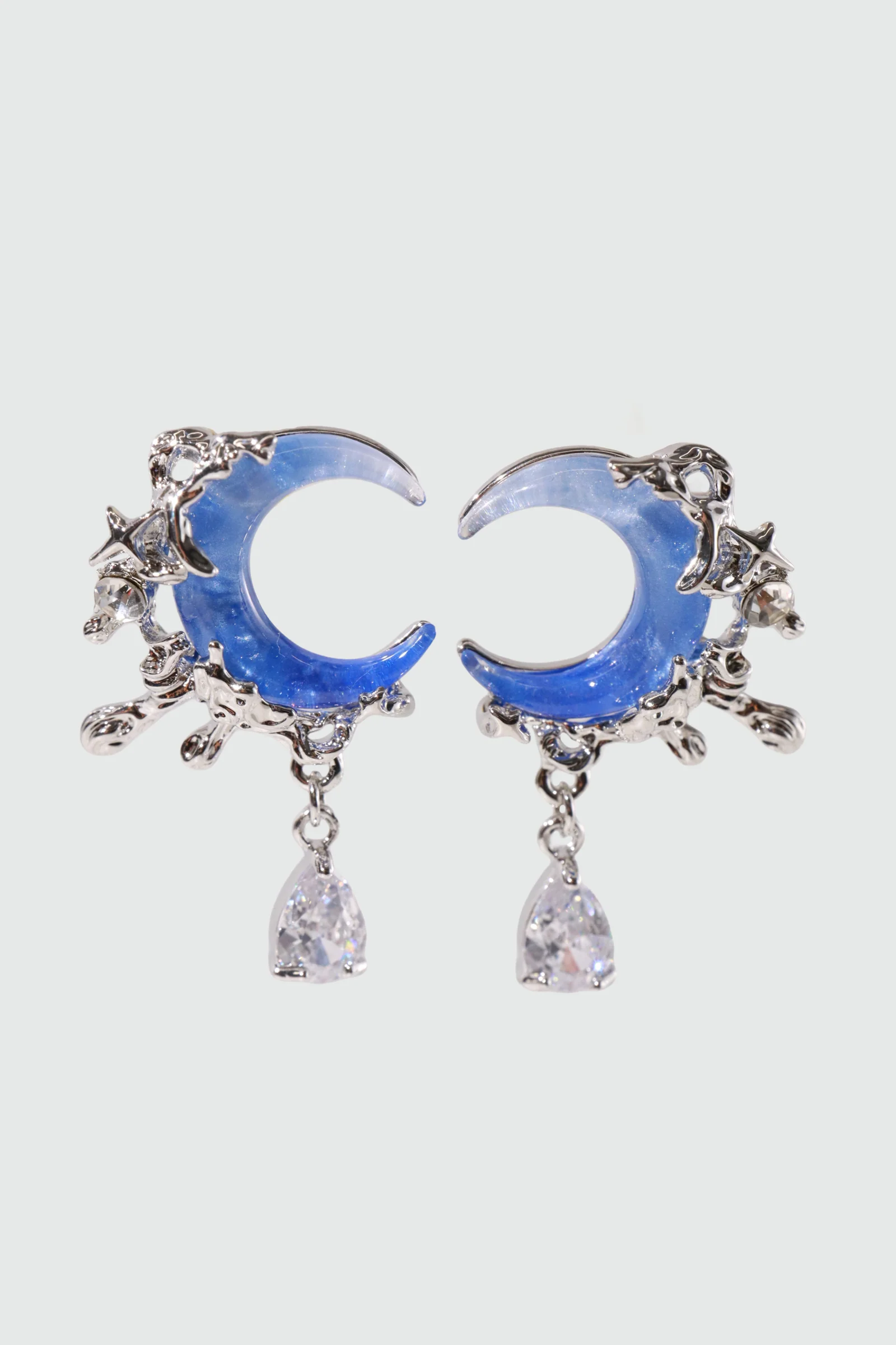 Palladium White Gold Plated Gradient Blue Moon Earrings - Image 5