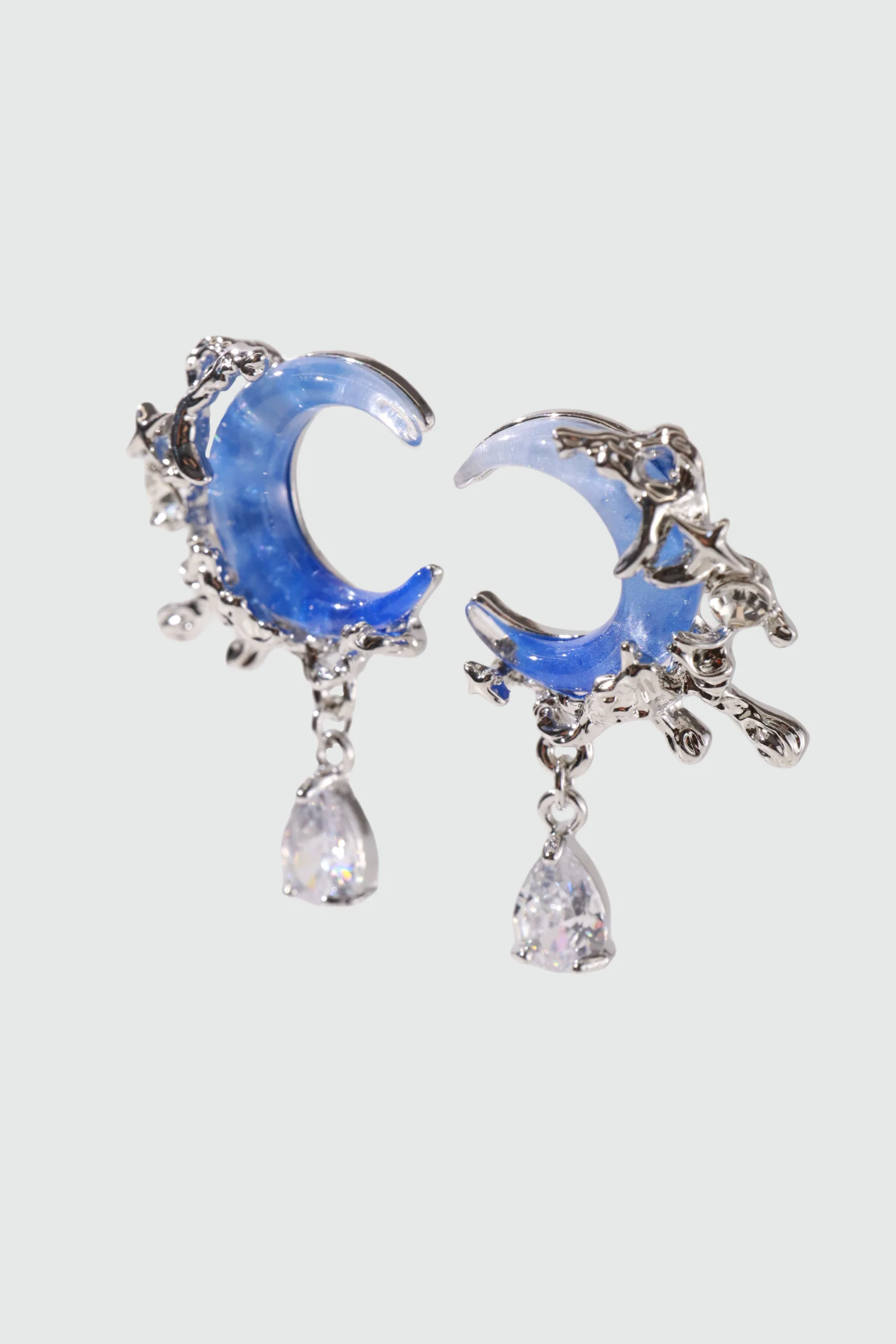 Palladium White Gold Plated Gradient Blue Moon Earrings - Image 6