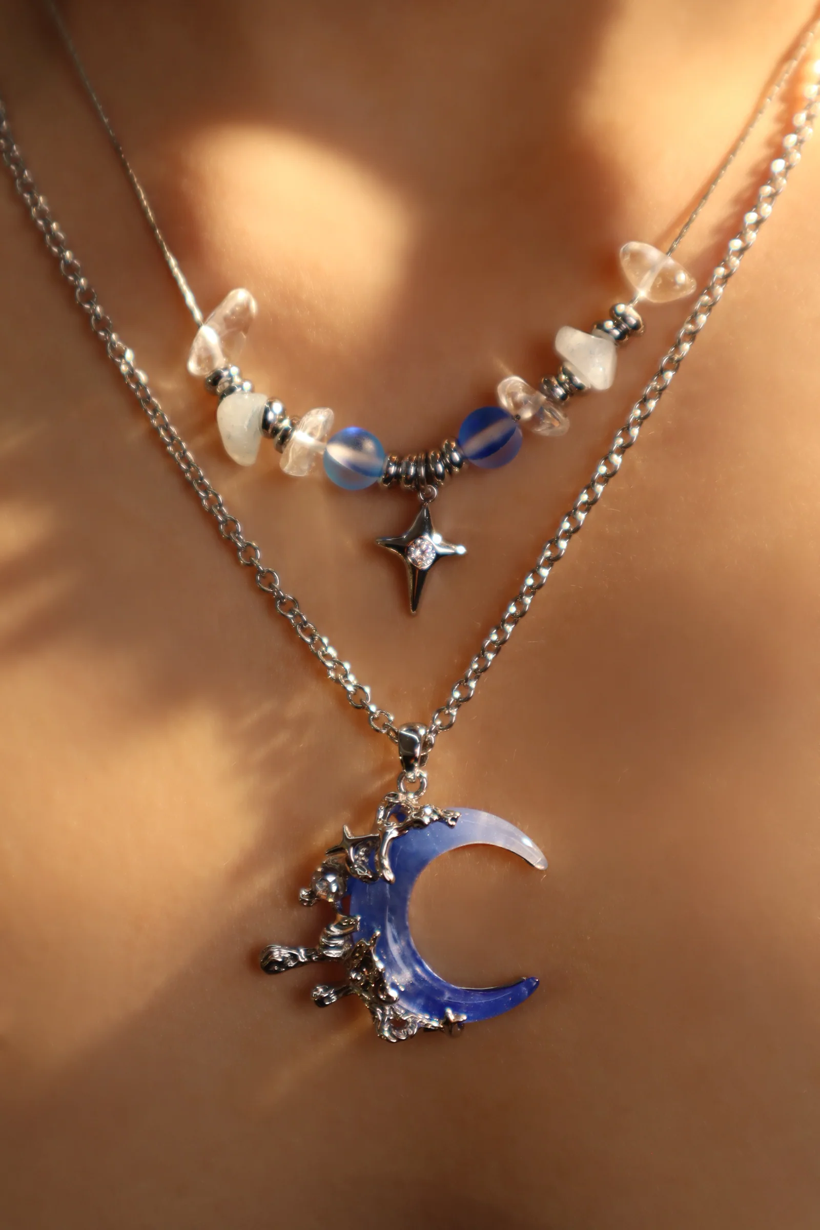 Palladium White Gold Plated Gradient Blue Moon Necklace - Image 4