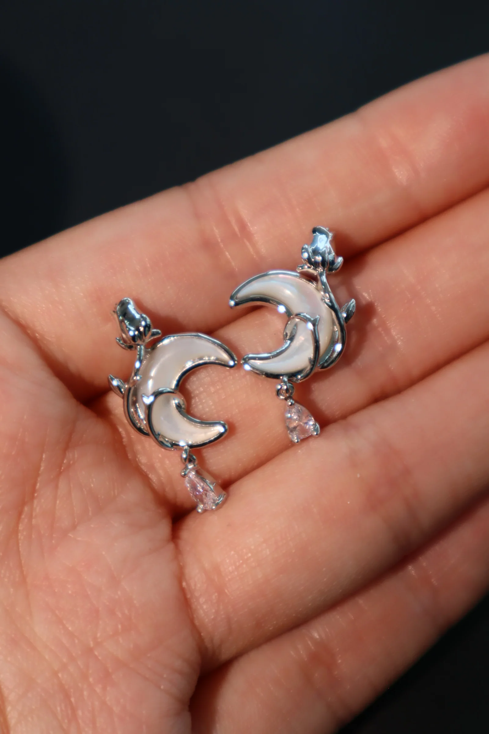 Palladium White Gold Plated Rose Moon Earrings - Image 3