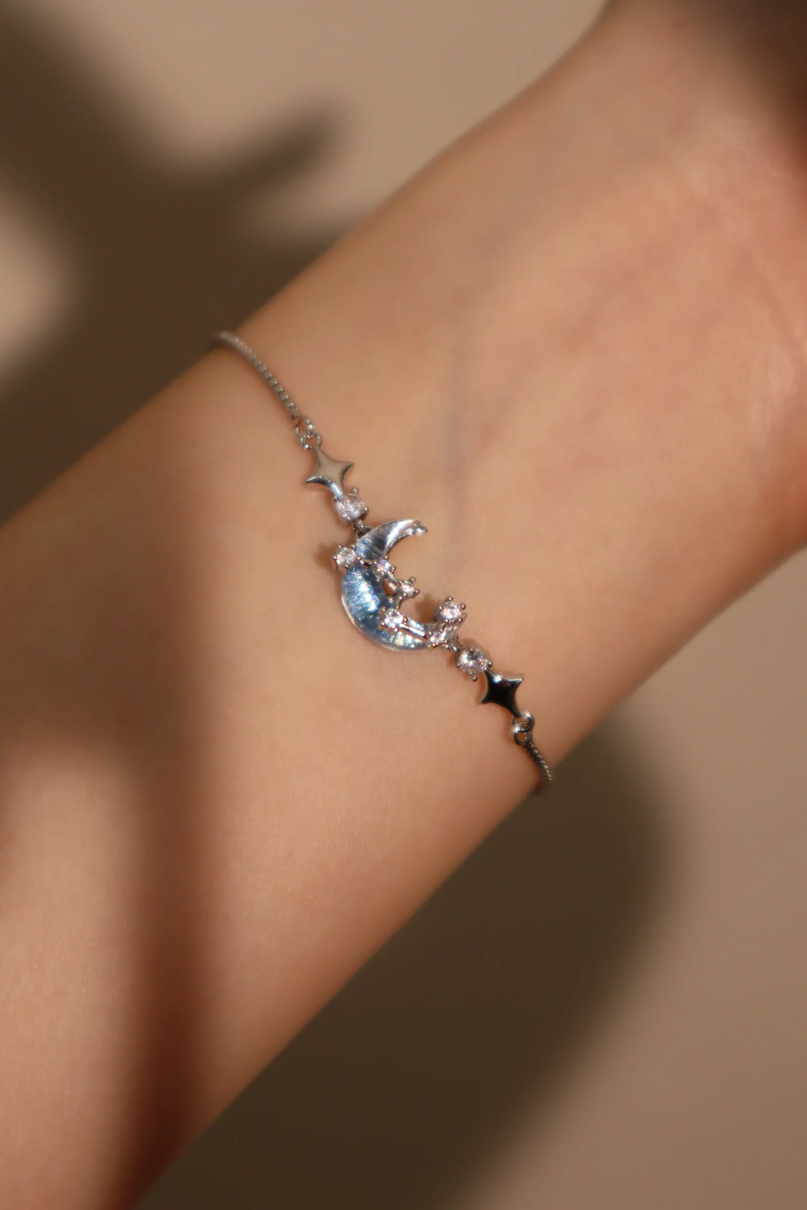 Palladium White Gold Plated Moonstone Moon Star Bracelet - Image 11