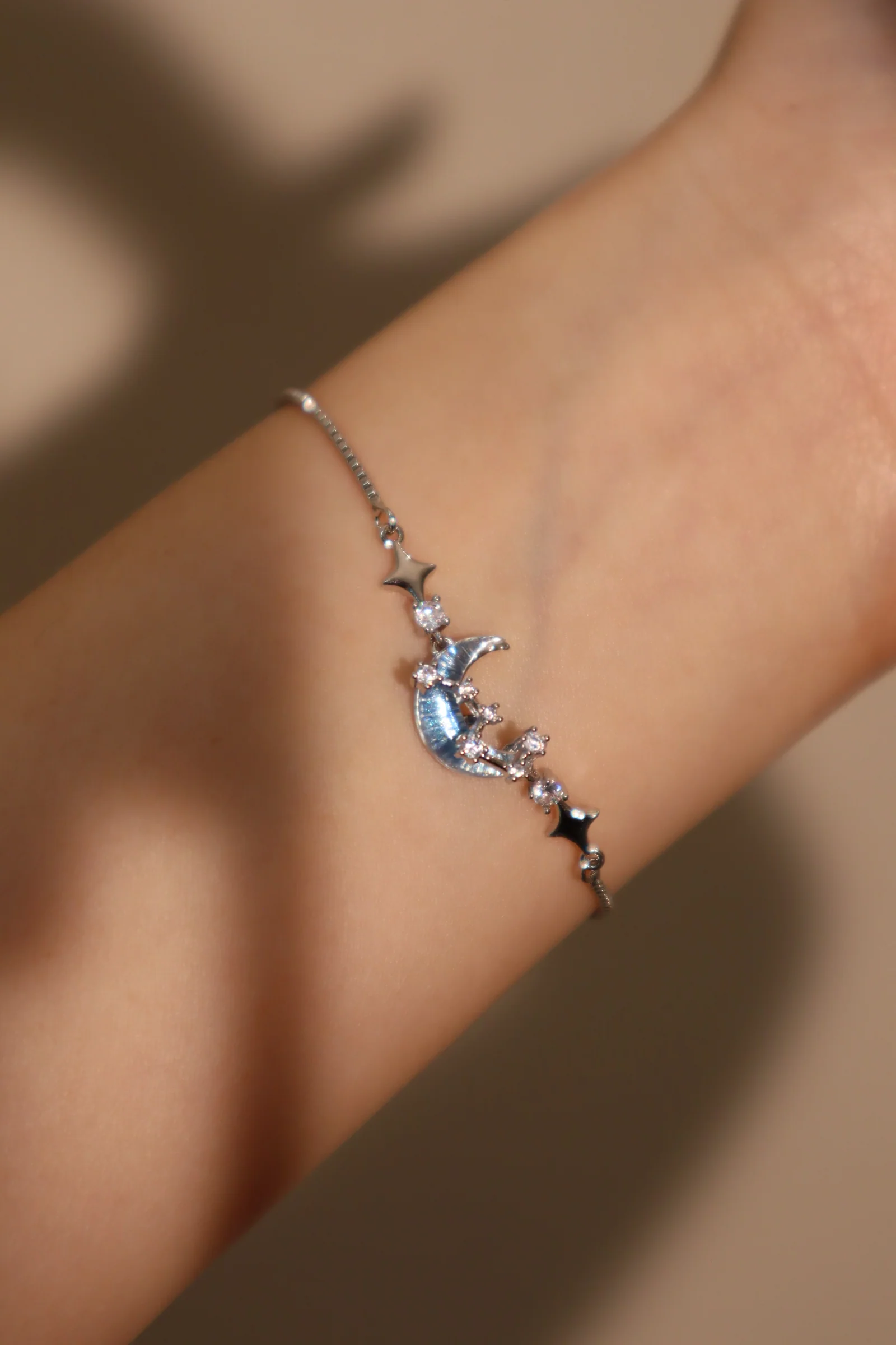 Palladium White Gold Plated Moonstone Moon Star Bracelet - Image 12