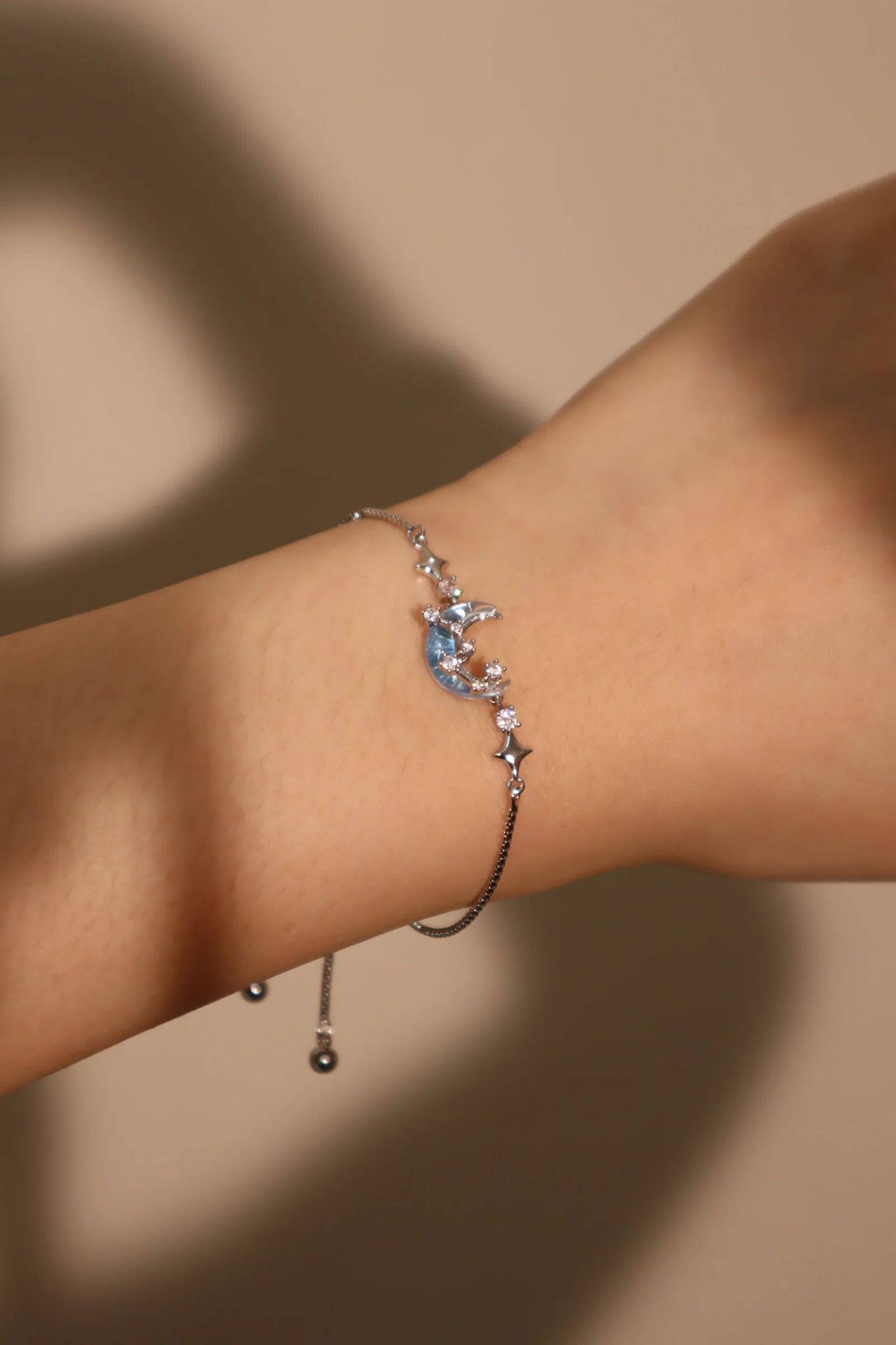 Palladium White Gold Plated Moonstone Moon Star Bracelet - Image 13