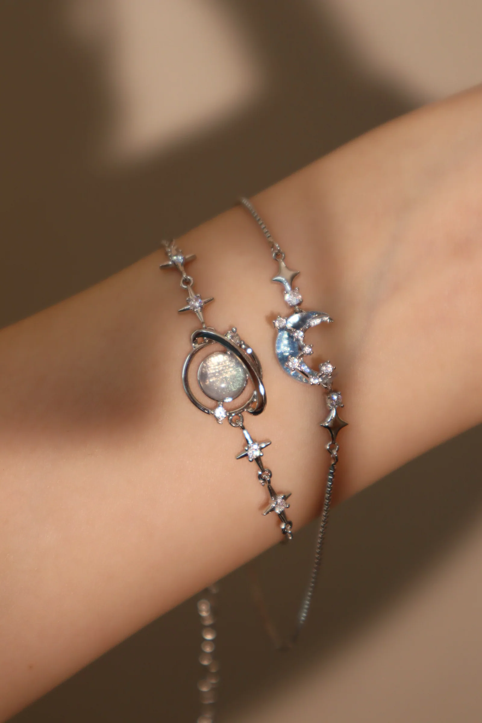 Palladium White Gold Plated Moonstone Moon Star Bracelet - Image 3