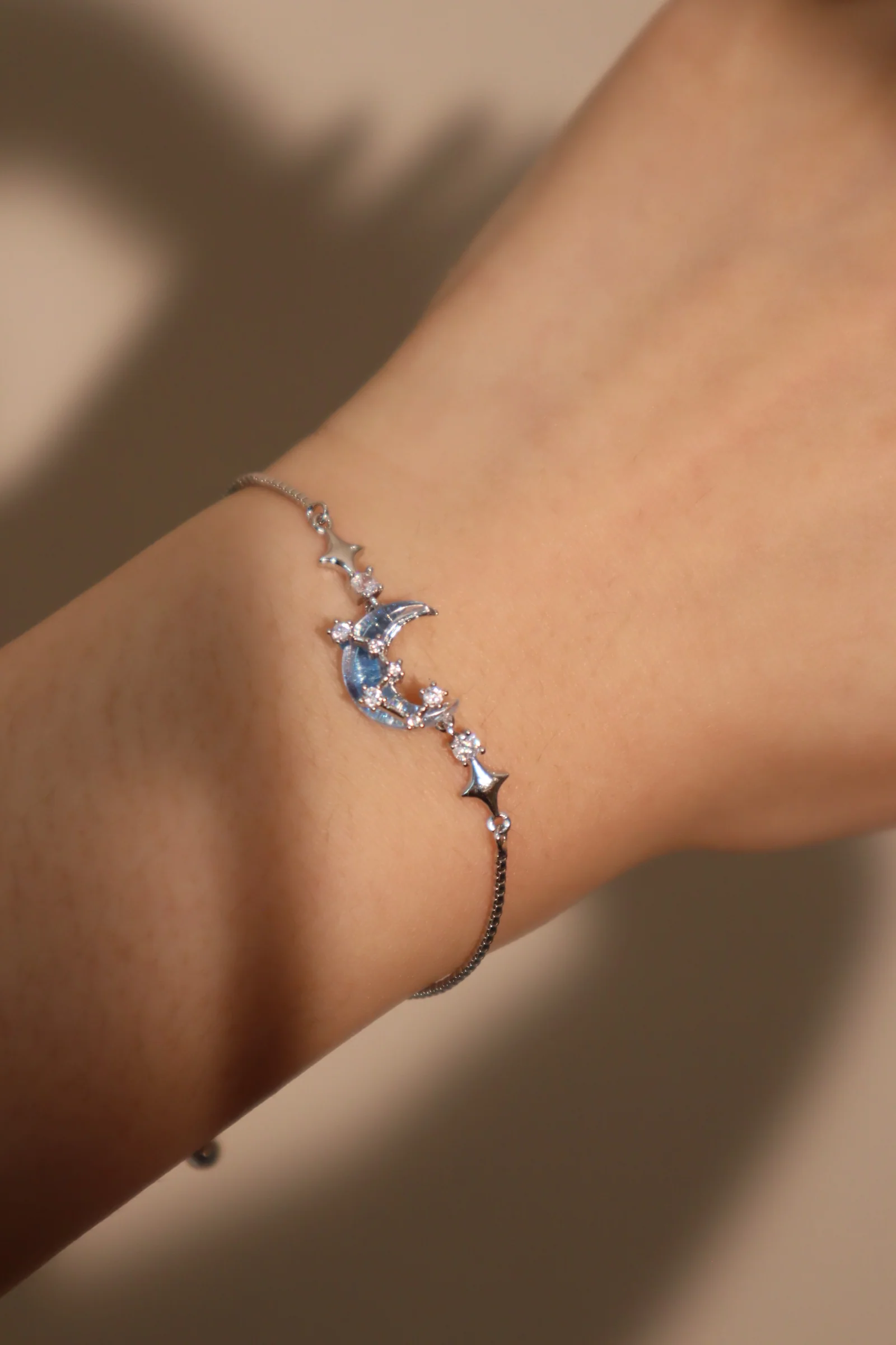 Palladium White Gold Plated Moonstone Moon Star Bracelet - Image 7