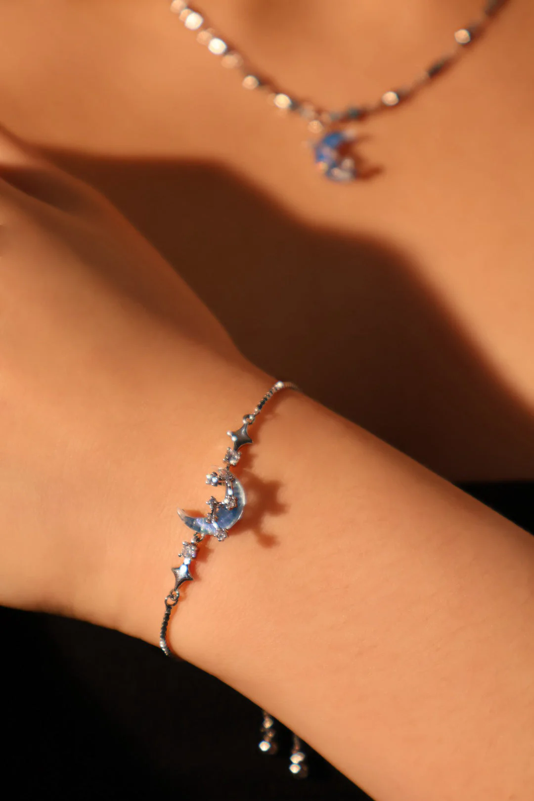 Palladium White Gold Plated Moonstone Moon Star Bracelet - Image 8