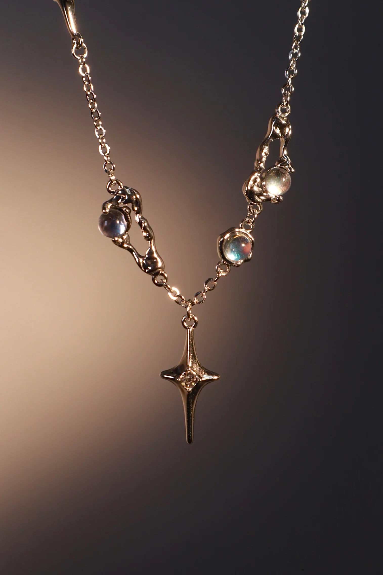 Palladium White Gold Plated Moonstones Star Necklace - Image 4