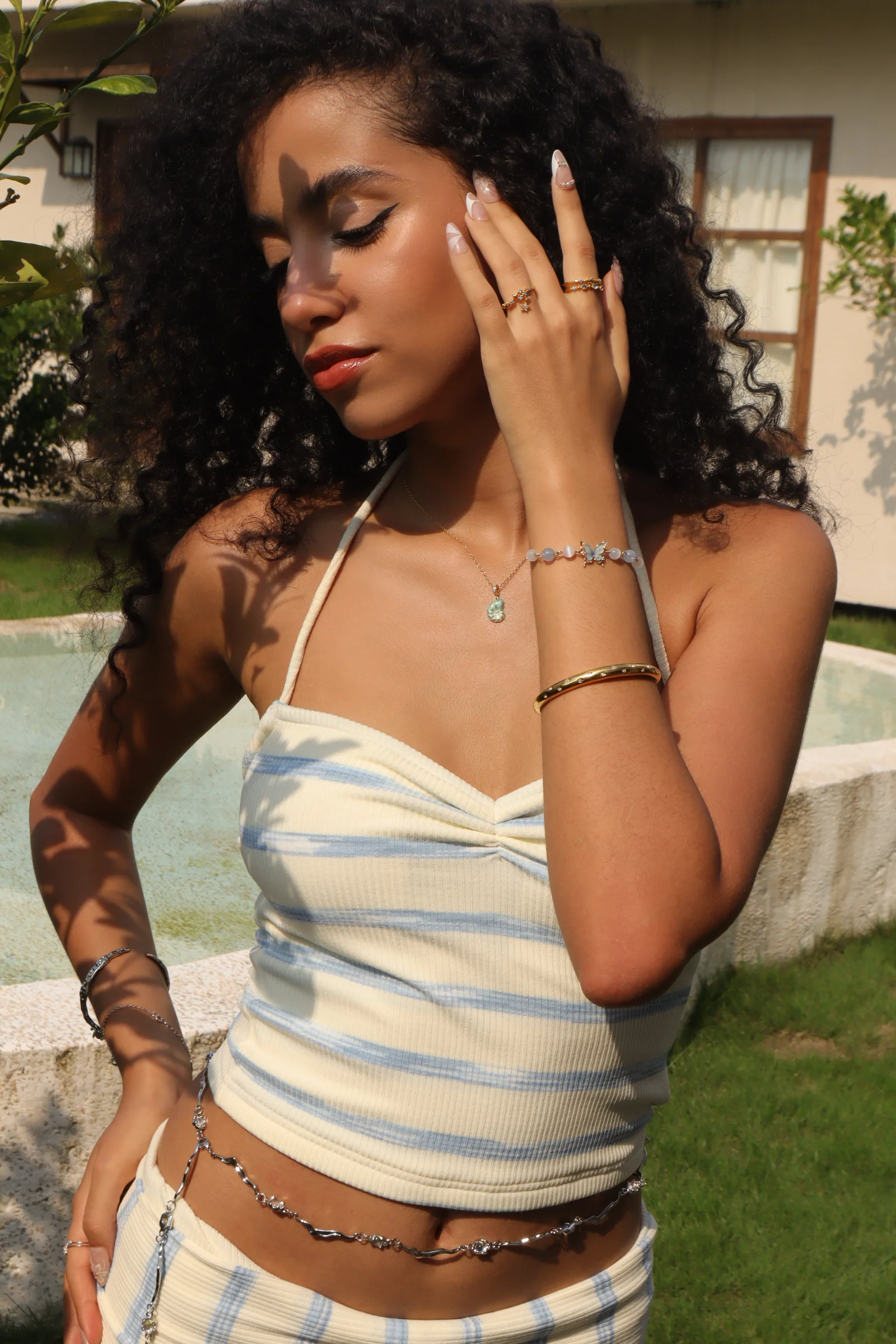 Palladium White Gold Plated Multi Moonstones Wave Necklace - Image 4