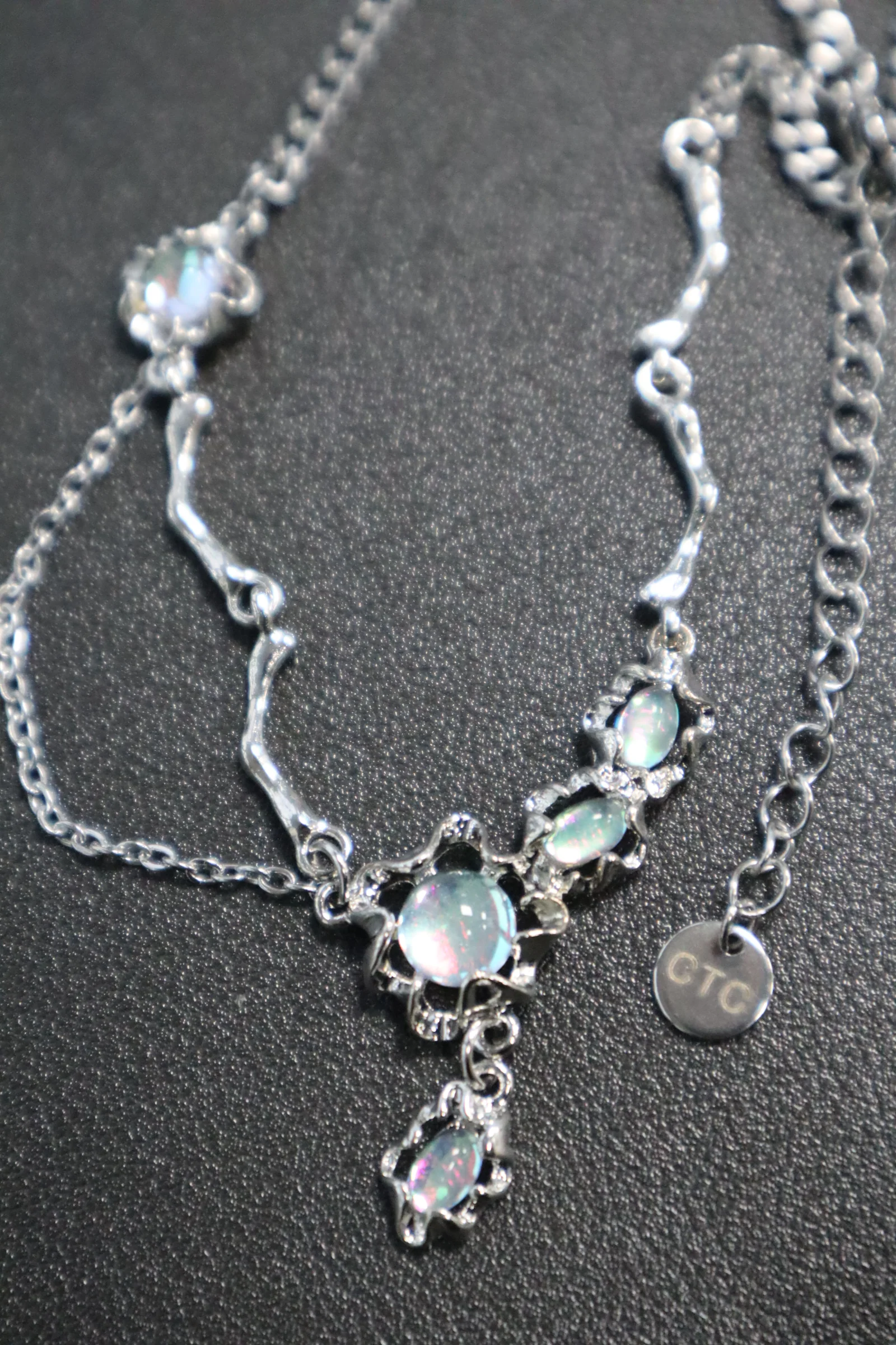 Palladium White Gold Plated Opal Dangle Necklace - Image 3