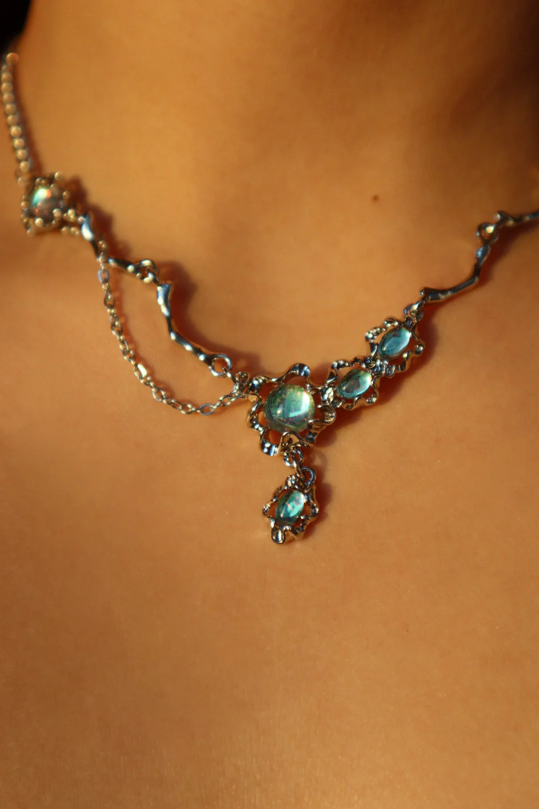 Palladium White Gold Plated Opal Dangle Necklace - Image 4