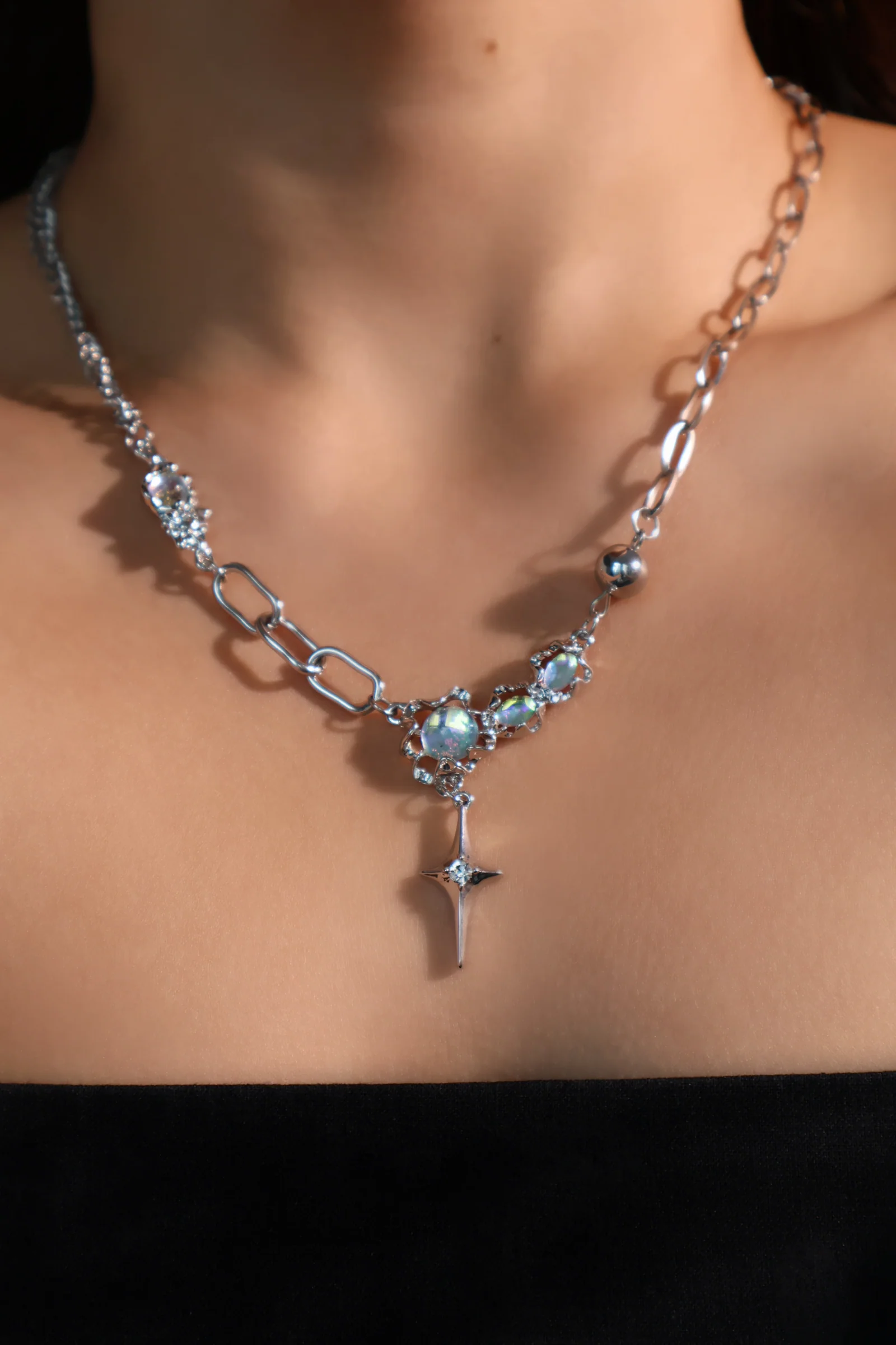 Palladium White Gold Plated Opal Star Necklace - Image 5
