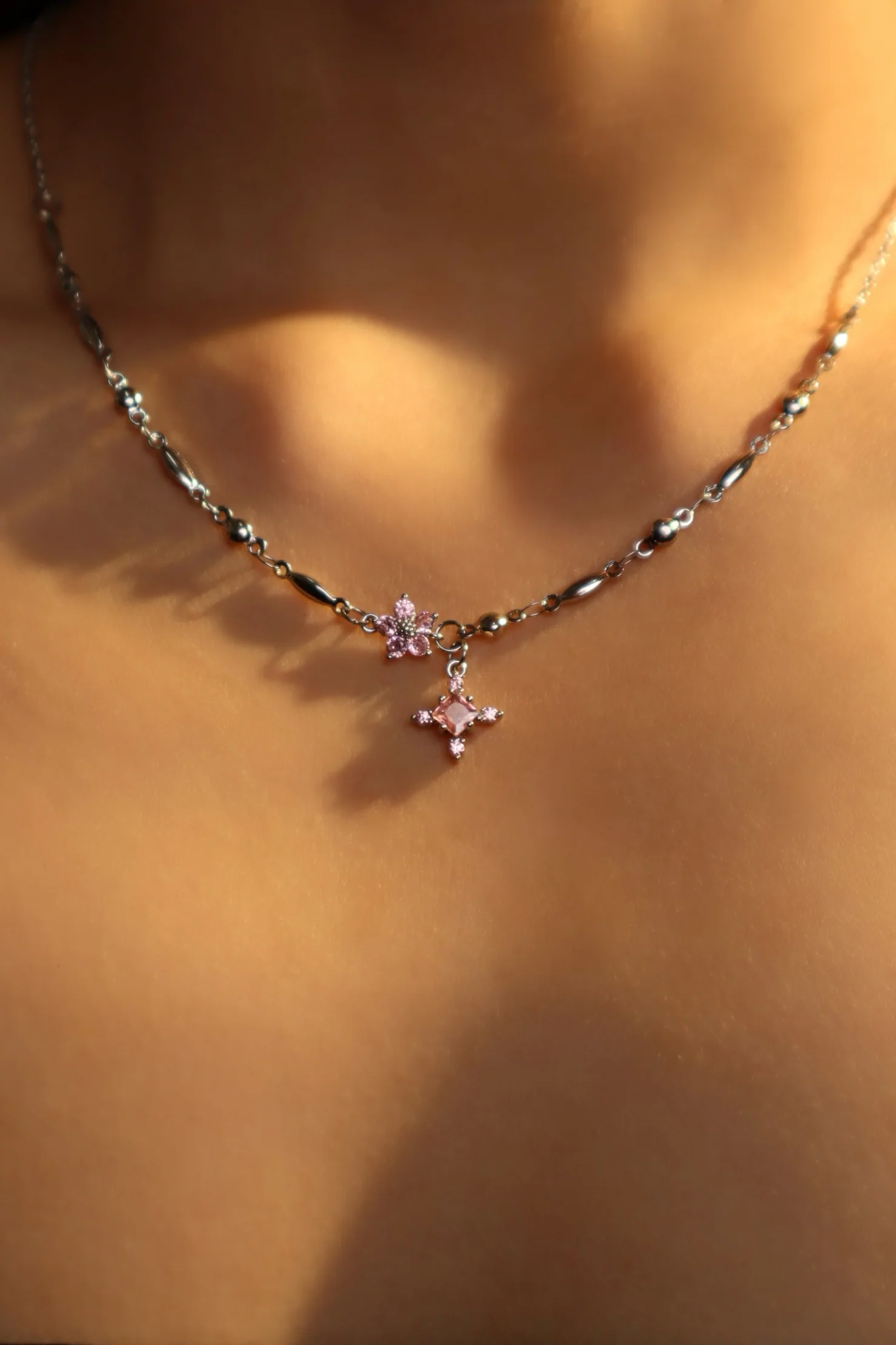 Palladium White Gold Plated Pink Starlight Necklace - Image 12