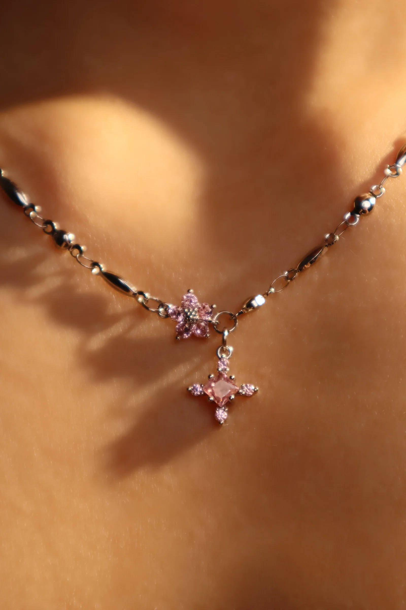 Palladium White Gold Plated Pink Starlight Necklace - Image 13