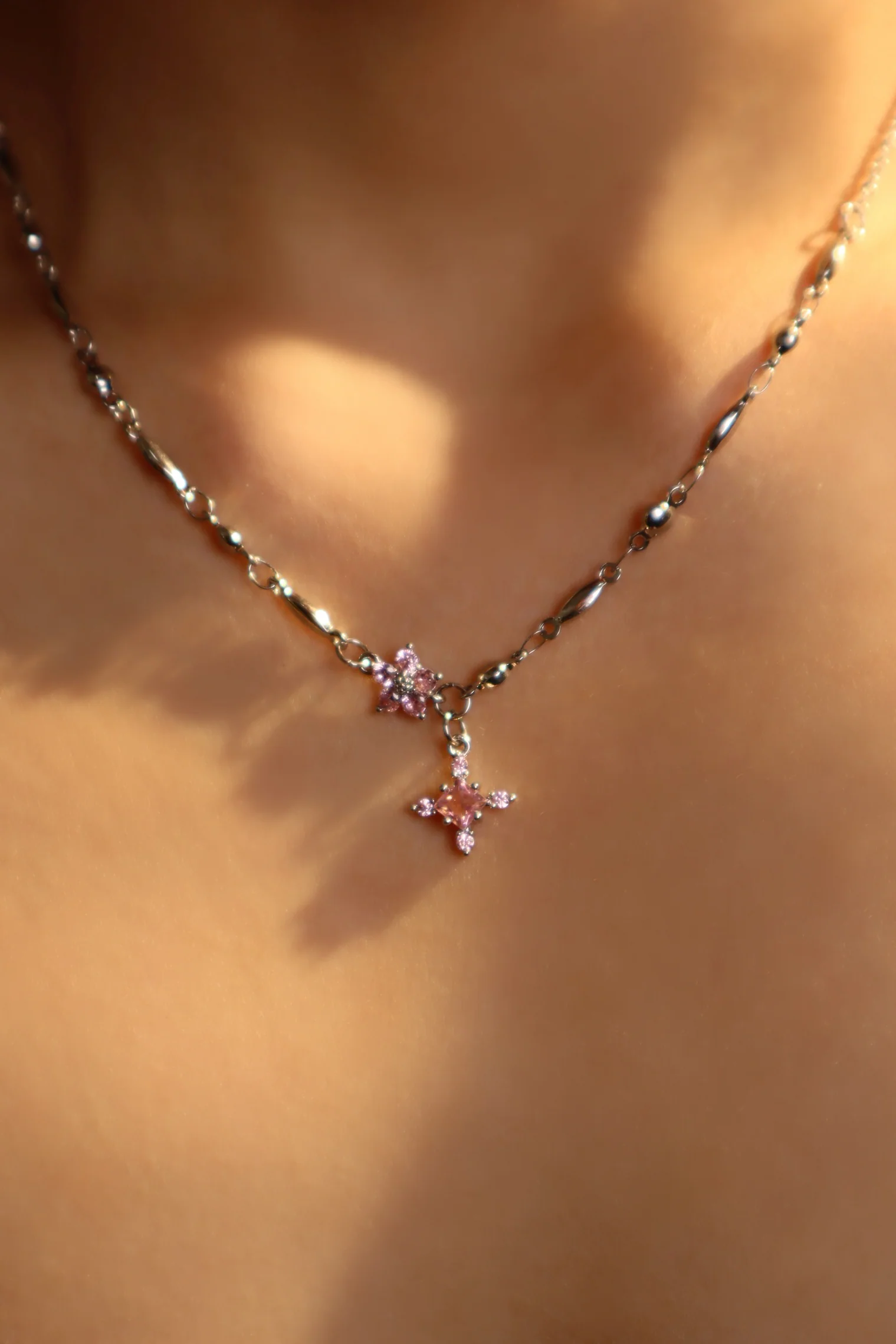 Palladium White Gold Plated Pink Starlight Necklace - Image 14