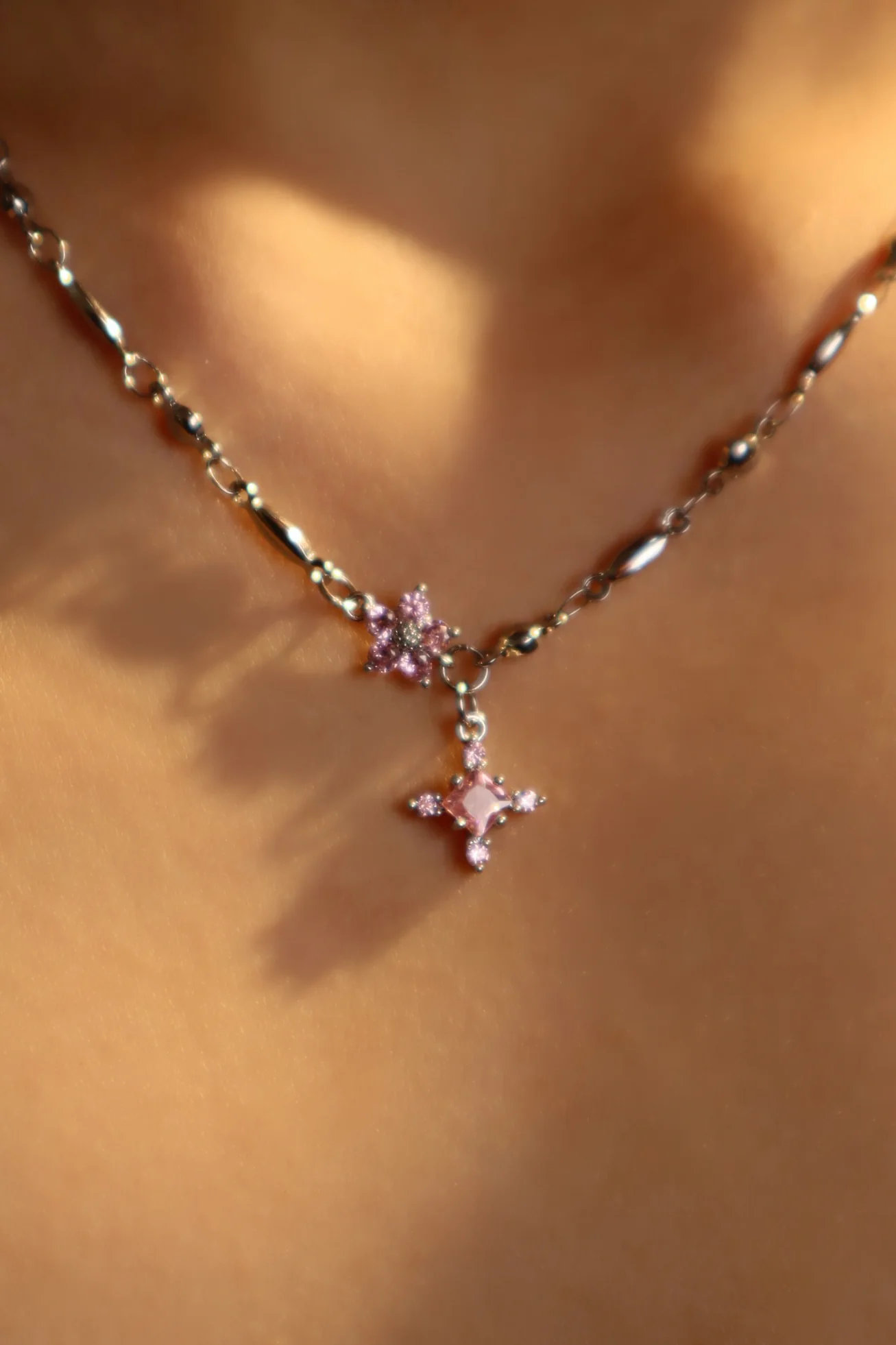 Palladium White Gold Plated Pink Starlight Necklace - Image 15