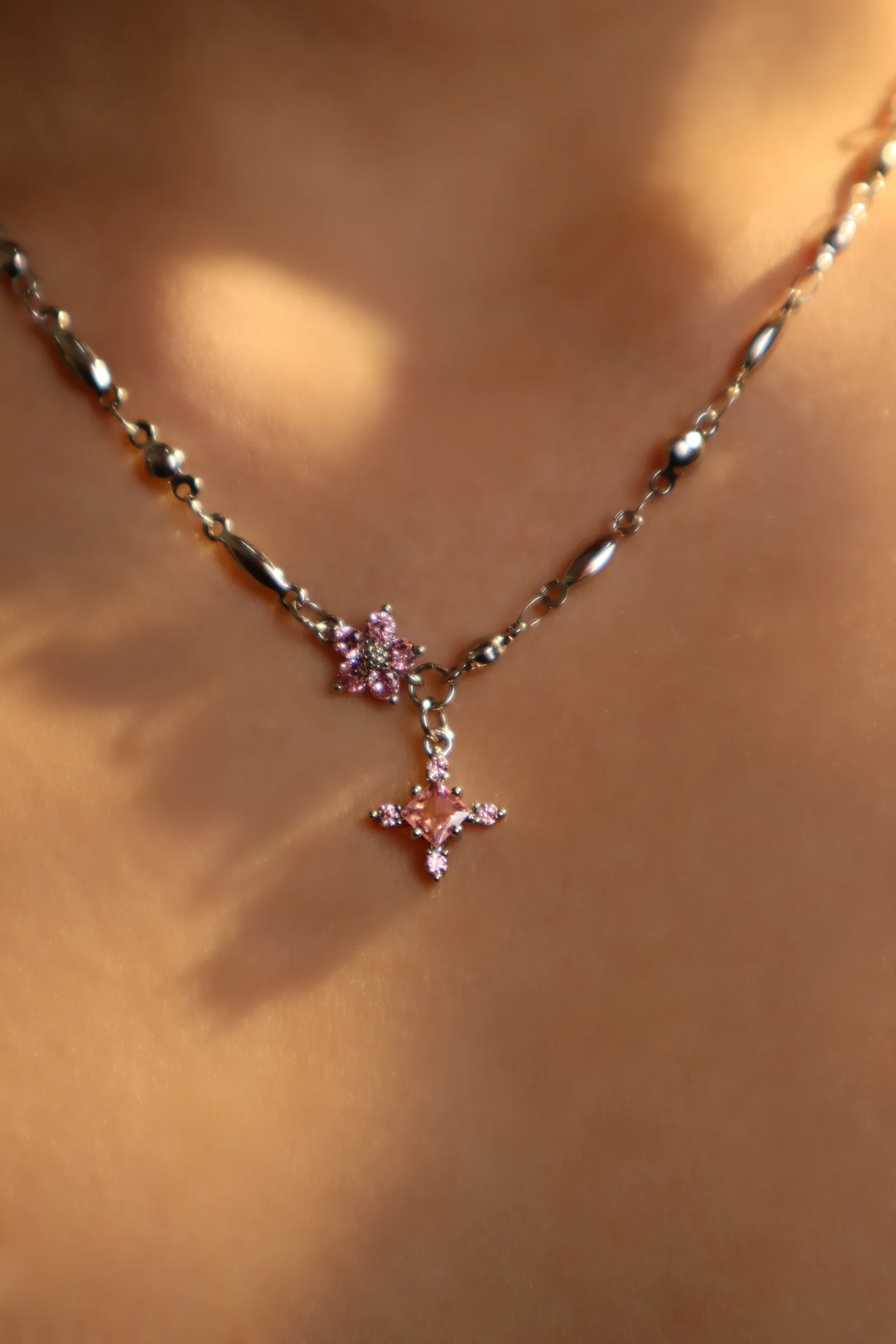 Palladium White Gold Plated Pink Starlight Necklace - Image 16
