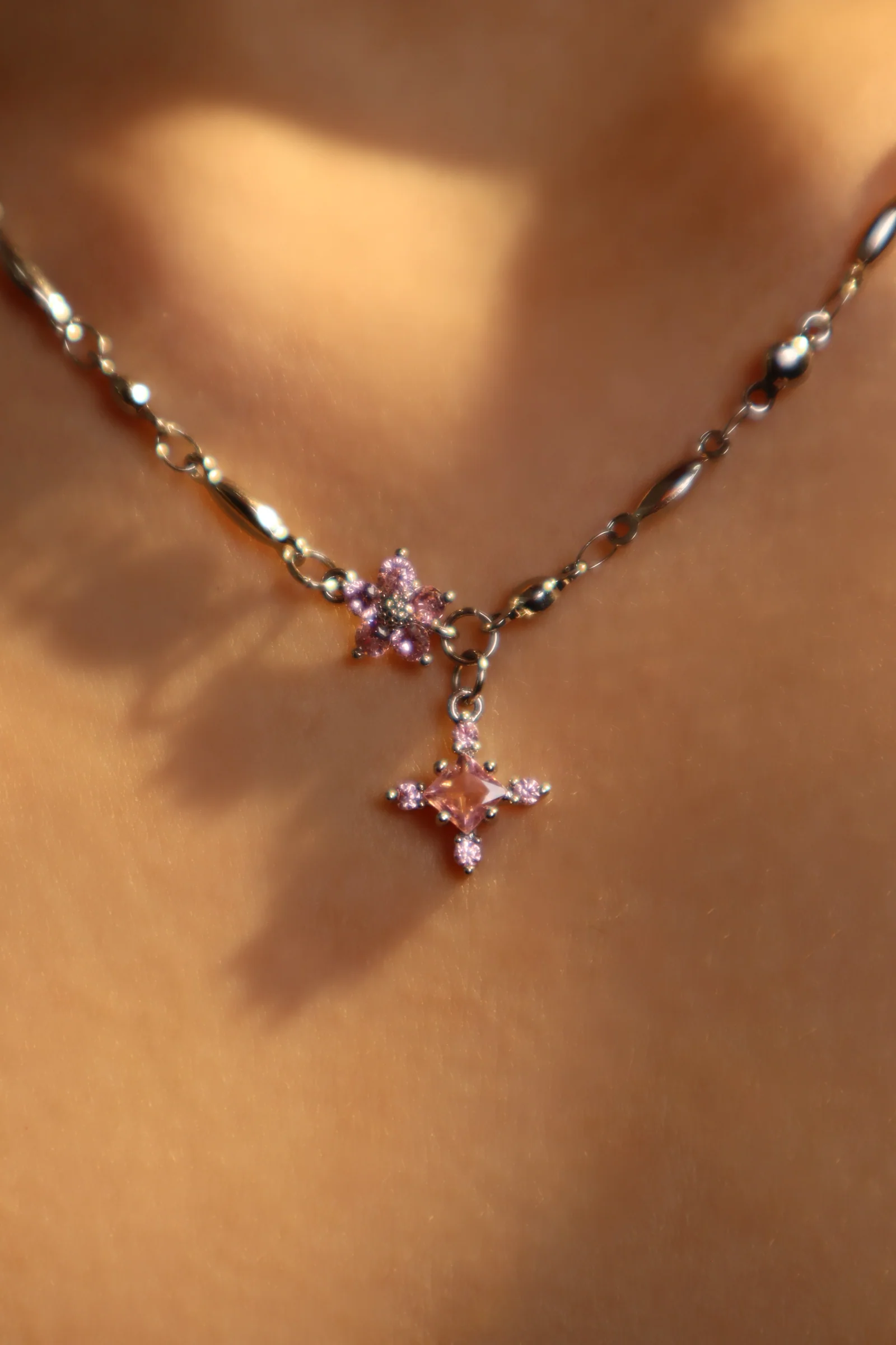 Palladium White Gold Plated Pink Starlight Necklace - Image 17